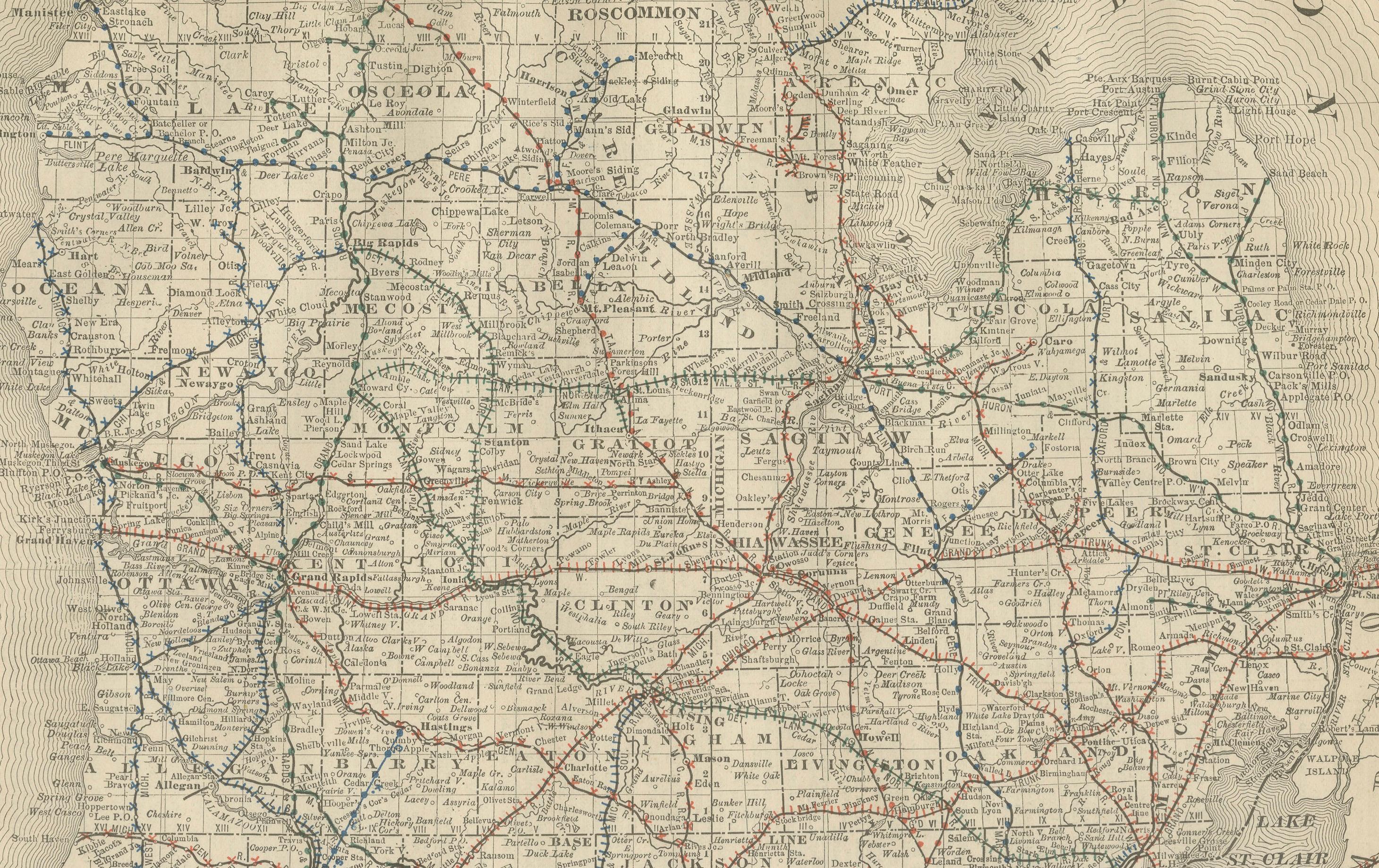 Antique Map of Michigan – The Wolverine State with Railroads & Counties, 1888 In Good Condition For Sale In Langweer, NL