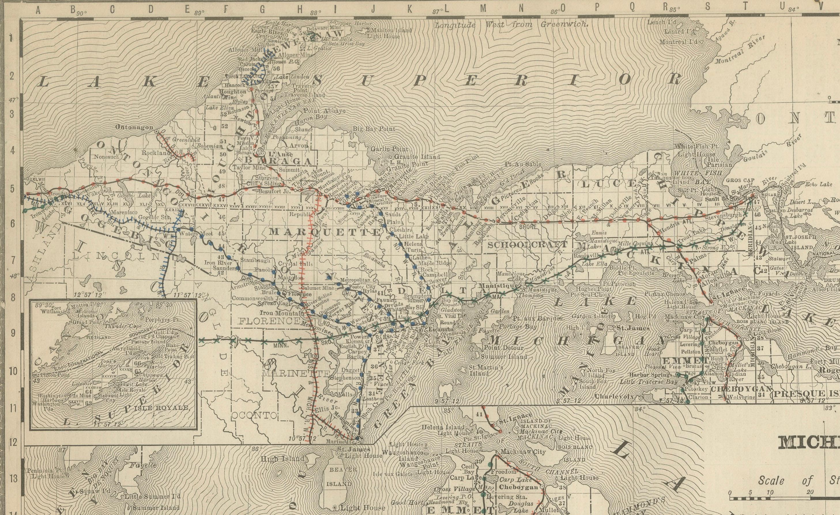 19th Century Antique Map of Michigan – The Wolverine State with Railroads & Counties, 1888 For Sale