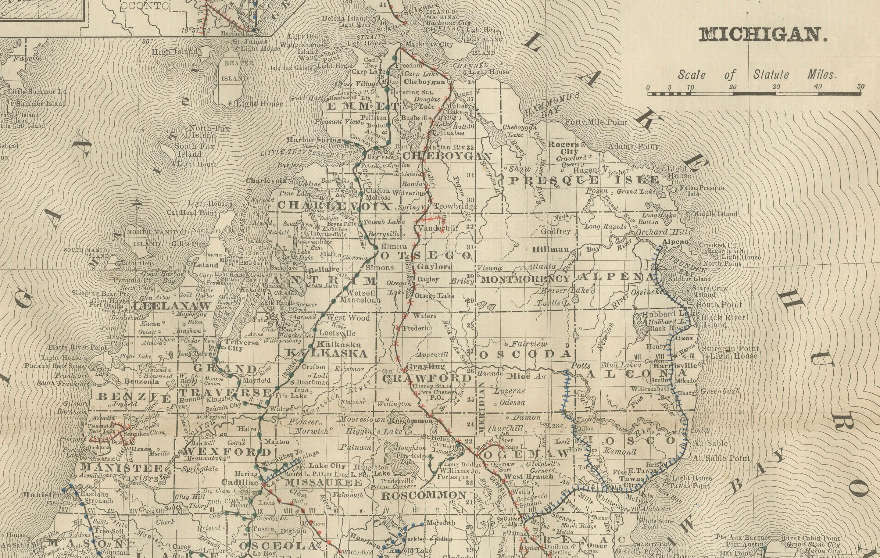 Paper Antique Map of Michigan – The Wolverine State with Railroads & Counties, 1888 For Sale