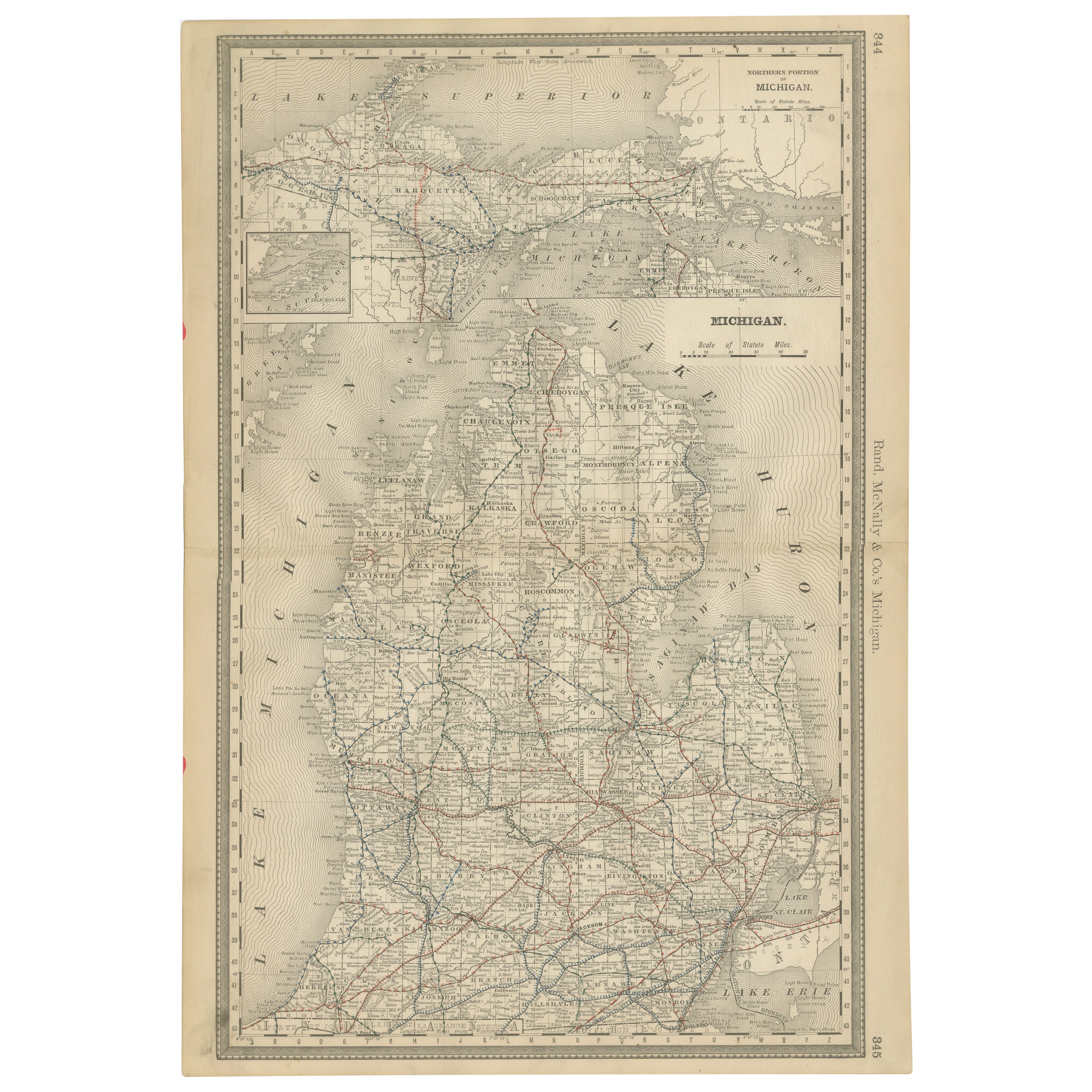Antique Map of Michigan – The Wolverine State with Railroads & Counties, 1888 For Sale