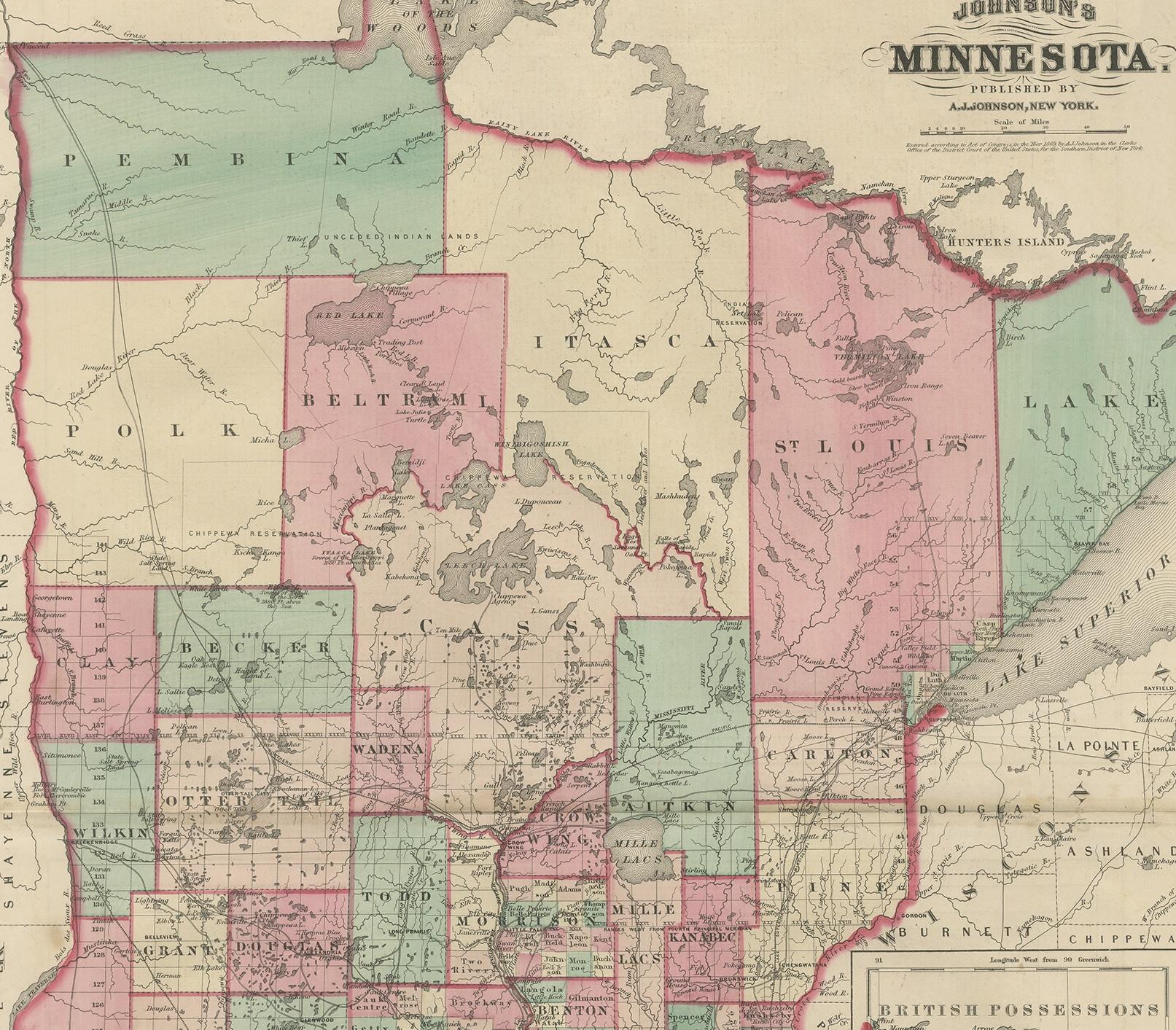 Antique Map of Minnesota by Johnson, '1872' In Fair Condition In Langweer, NL