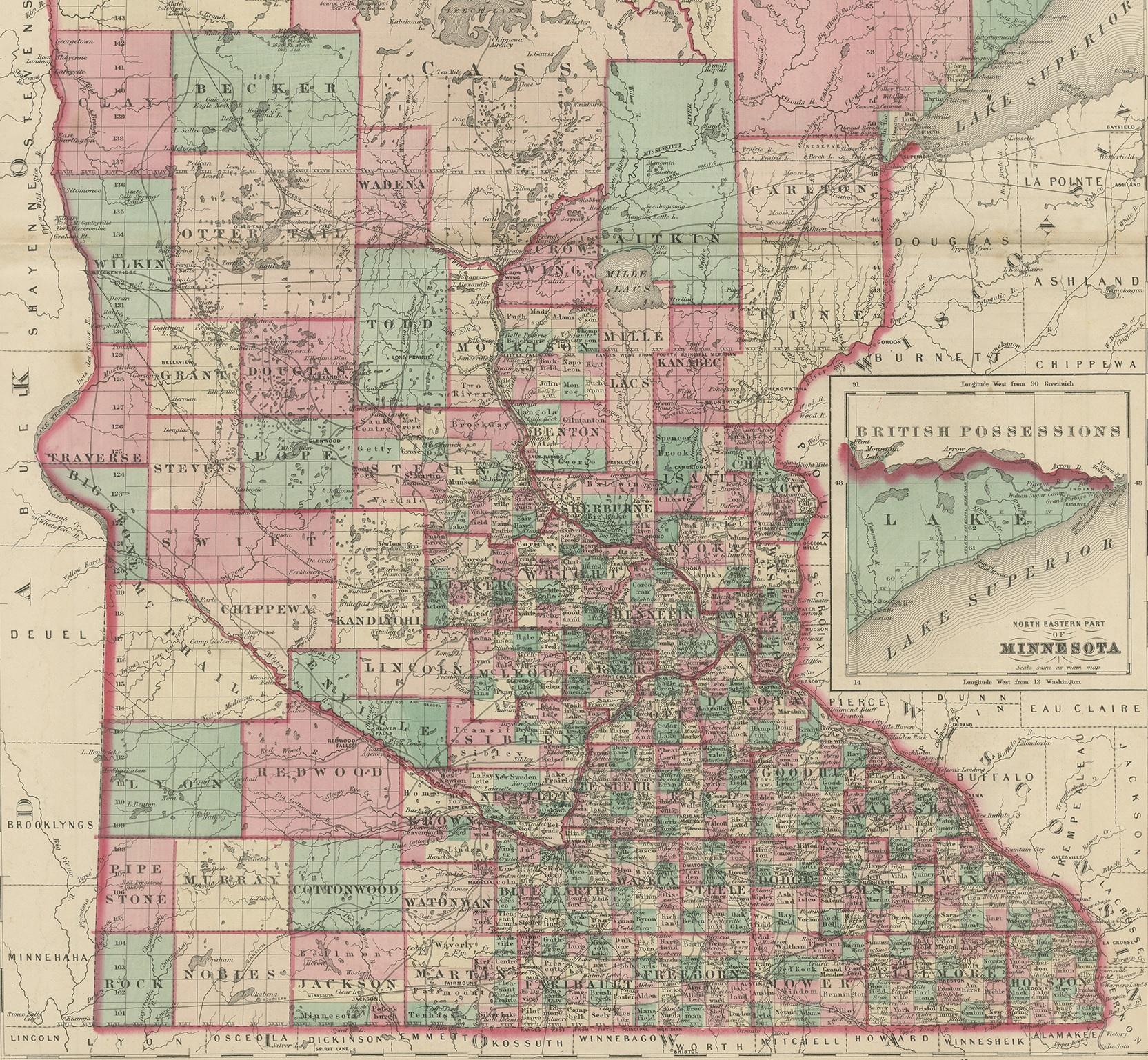 19th Century Antique Map of Minnesota by Johnson, '1872'
