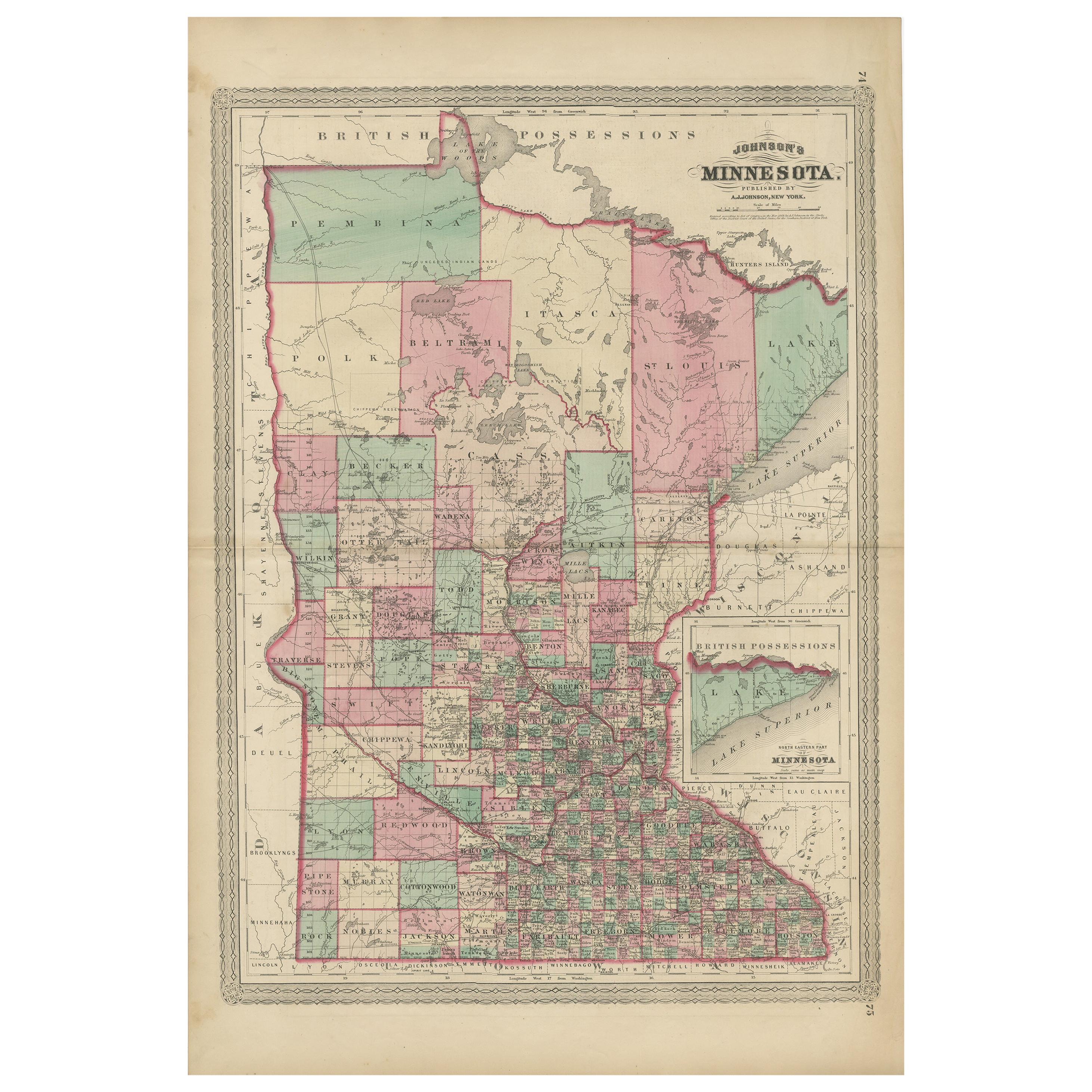 Antique Map of Minnesota by Johnson, '1872'