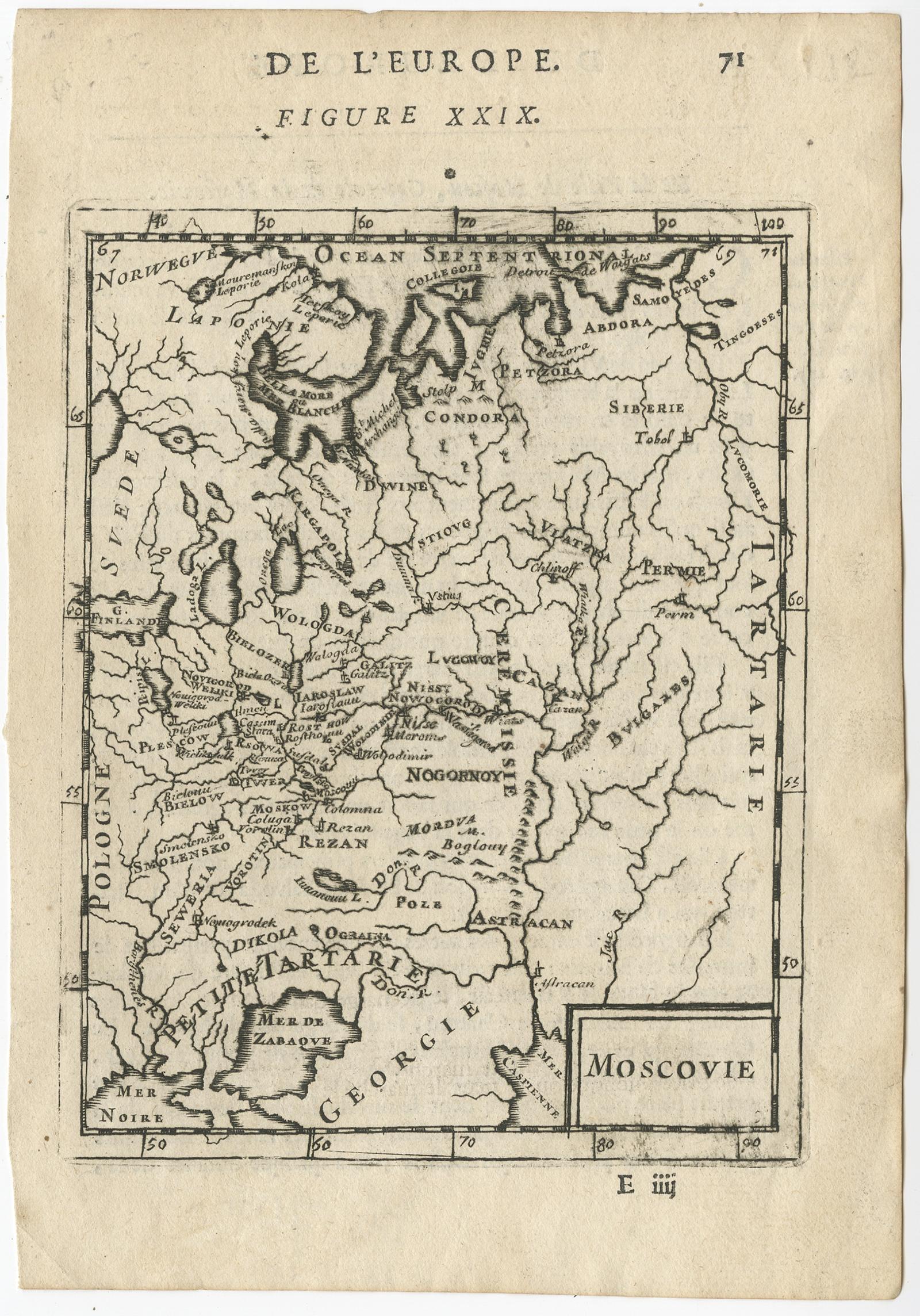 Antique map of modern day Ukraine and Russia titled ‚Moscovie‘. Miniature map of the Moscovia region by A.M. Mallet.

Artists and Engravers: Alain Manneson Mallet (1630-1706) spent the first part of his career as a foot soldier in one the