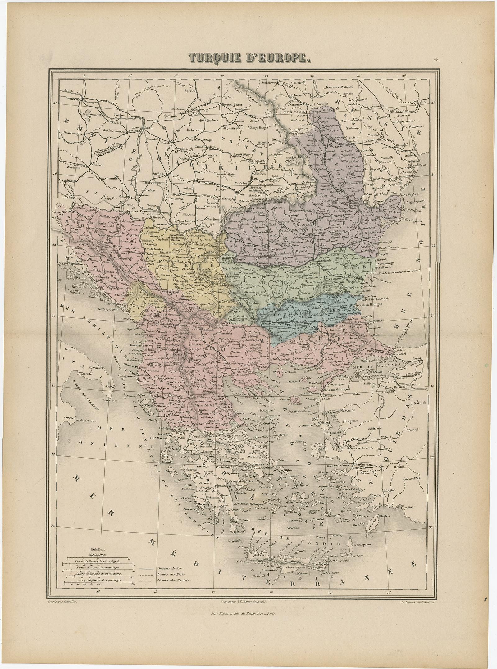 Antique map titled 'Turquie d'Europe'. 

Map of the european parts of Turkey. The map covers from Moldova to Thessaly and from the Adriatic to the Black Sea. Greece and the island of Candia or Crete is also included. This map, drawn when the