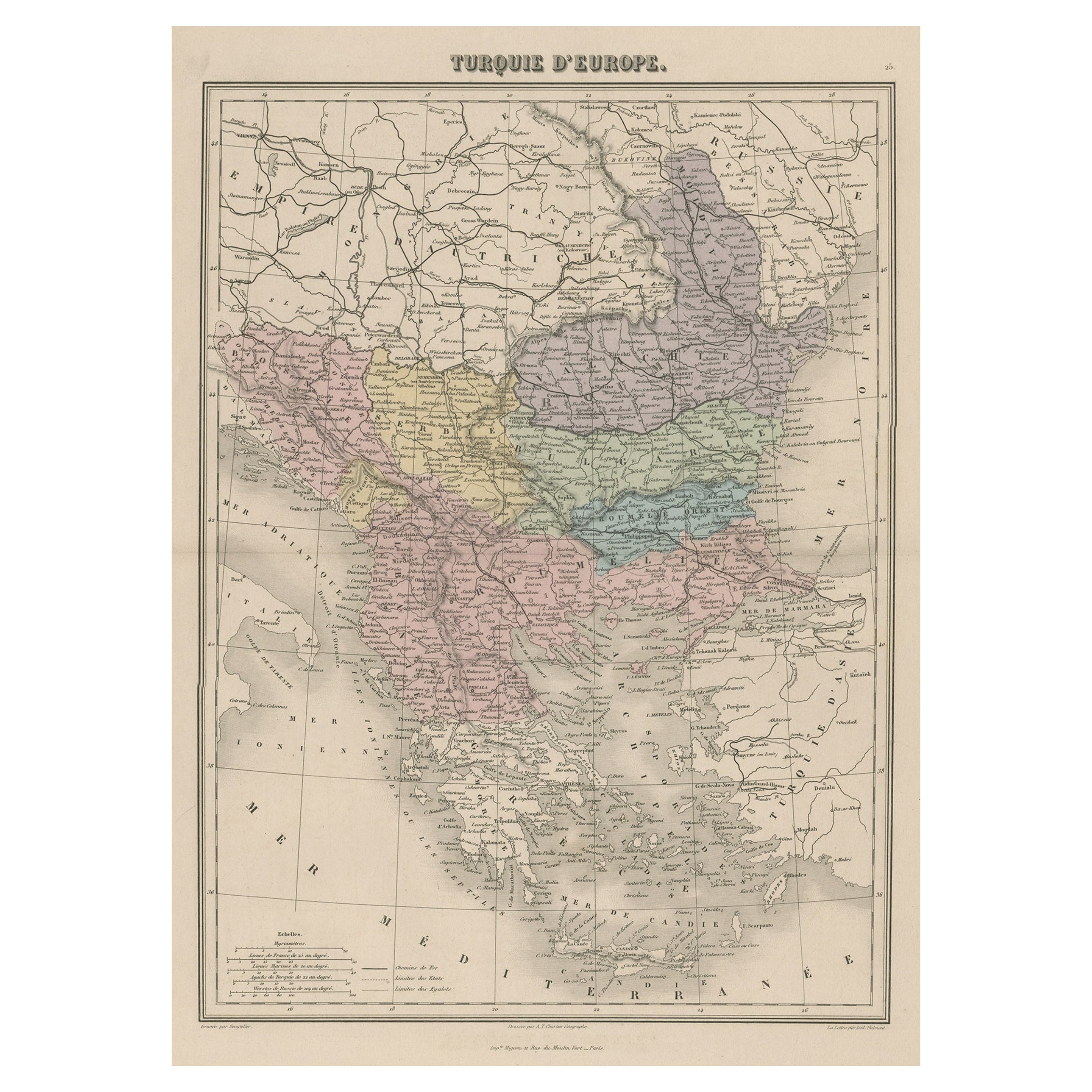 Carte ancienne de la Moldova à la Thessalie et de l' Adriatique à la mer noire, 1880