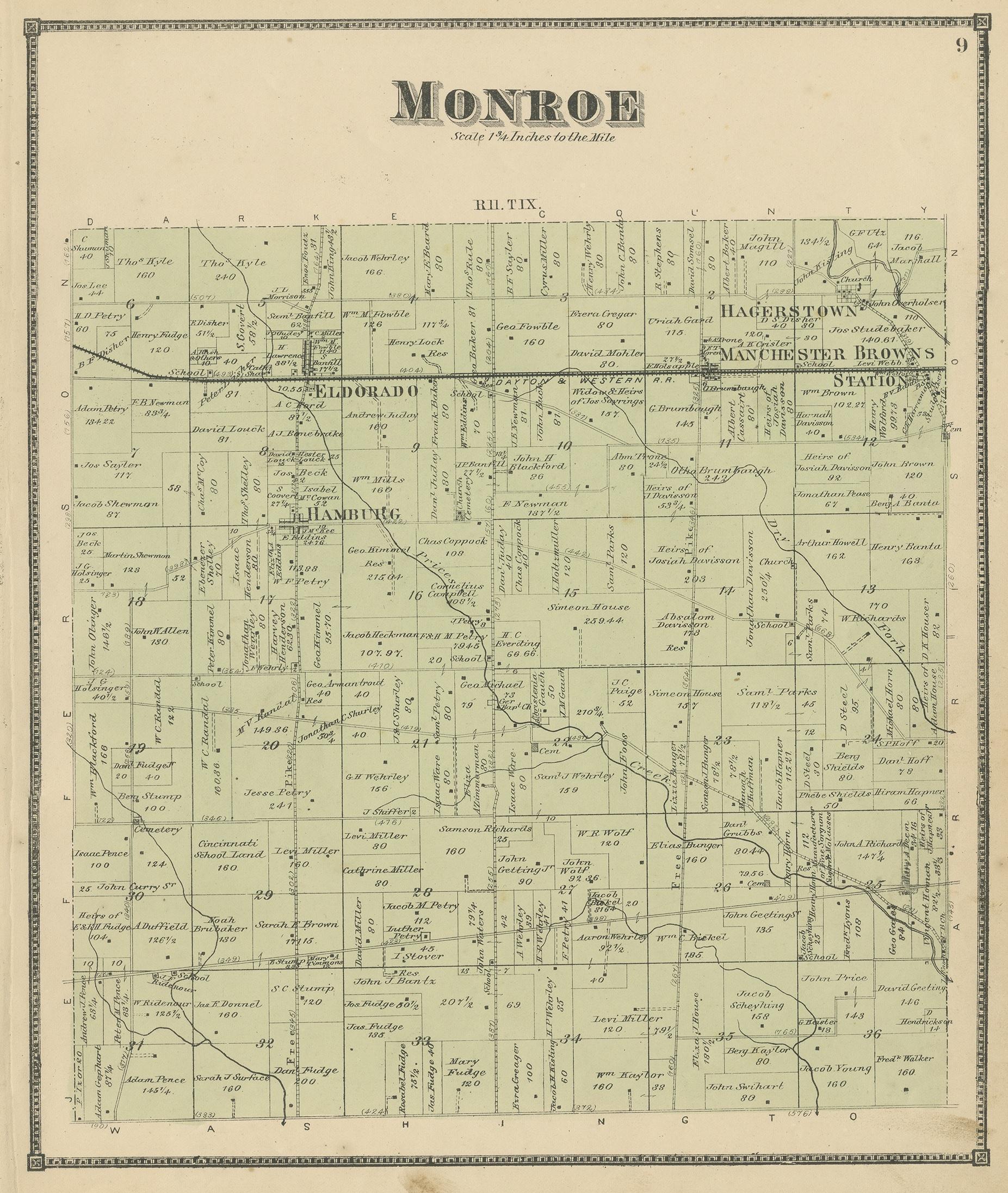 Antique map titled 'Monroe'. Original antique map of Monroe, Ohio. This map originates from 'Atlas of Preble County Ohio' by C.O. Titus. Published 1871.