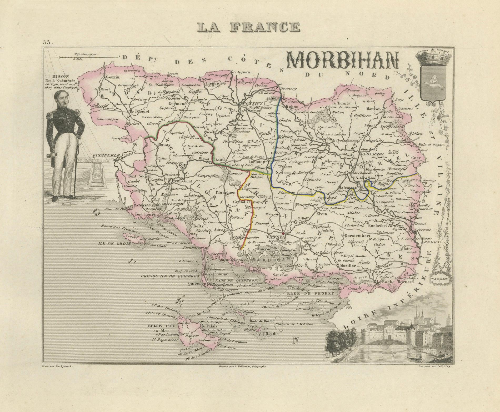Antique Map of Morbihan by Vuillemin – France Département Map c.1850