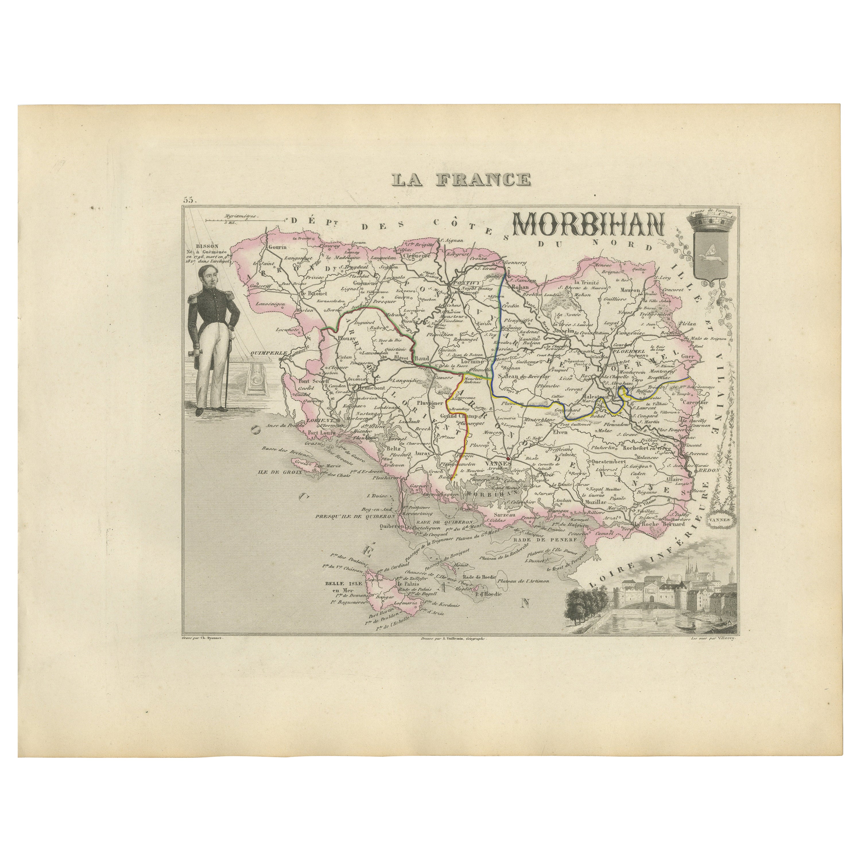 Carta geografica antica di Morbihan di Vuillemin - Carta dei dipartimenti della Francia, 1850 ca. in vendita