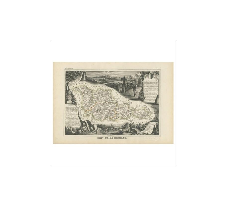Antique map titled 'Dépt. de la Moselle'. Map of the French department of Moselle, France. This area, part of the Alcase-Lorraine wine region, is known for its production of wines by the same name, the majority of which are white. This map