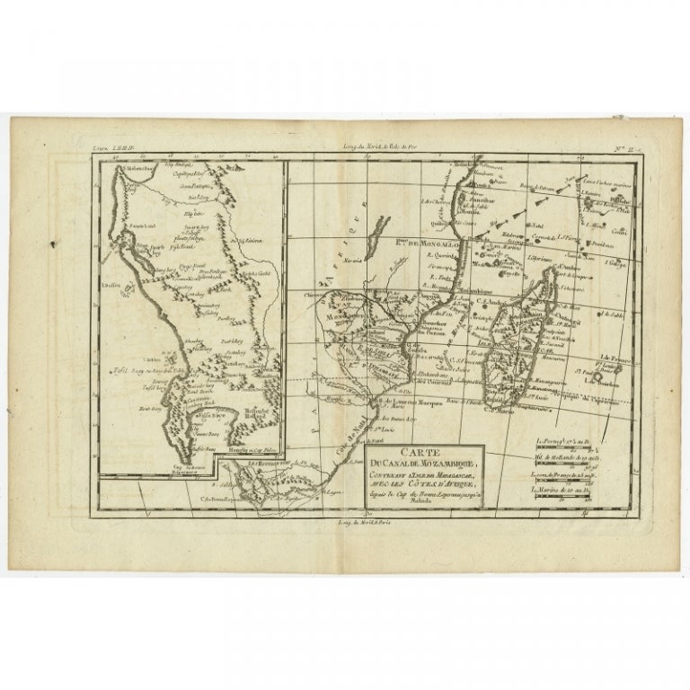 Antique map titled 'Carte du canal de Mosambique, contenant l'Isle de Madagascar avec les Cotes d'Afrique.' Map of Mozambique Channel, containing the Island of Madagascar with the coasts of Africa from Cape of Good Hope to Melinde. The inset map