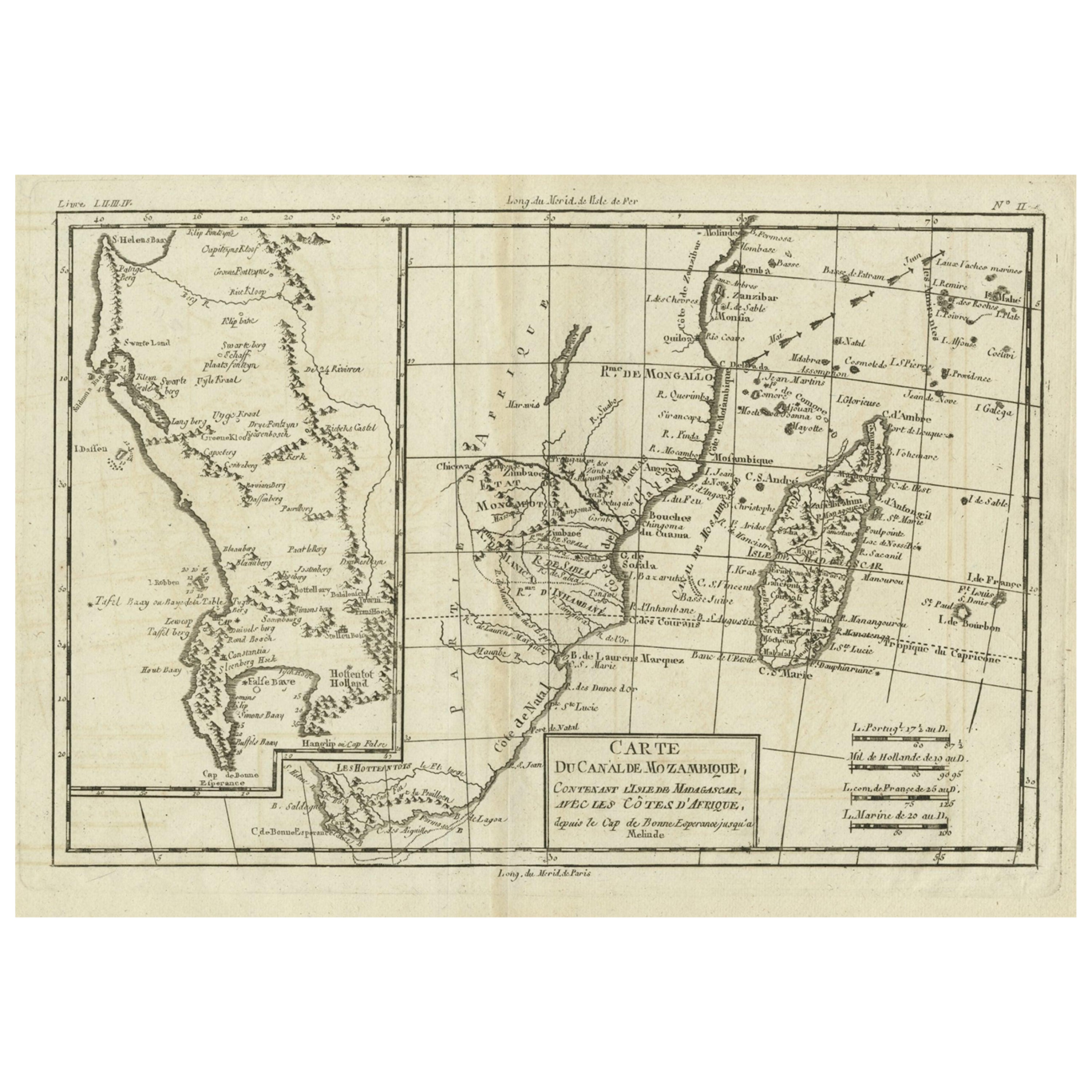 Carte ancienne du canal du Mozambique avec Madagascar et insérée dans la région du Cap, 1780