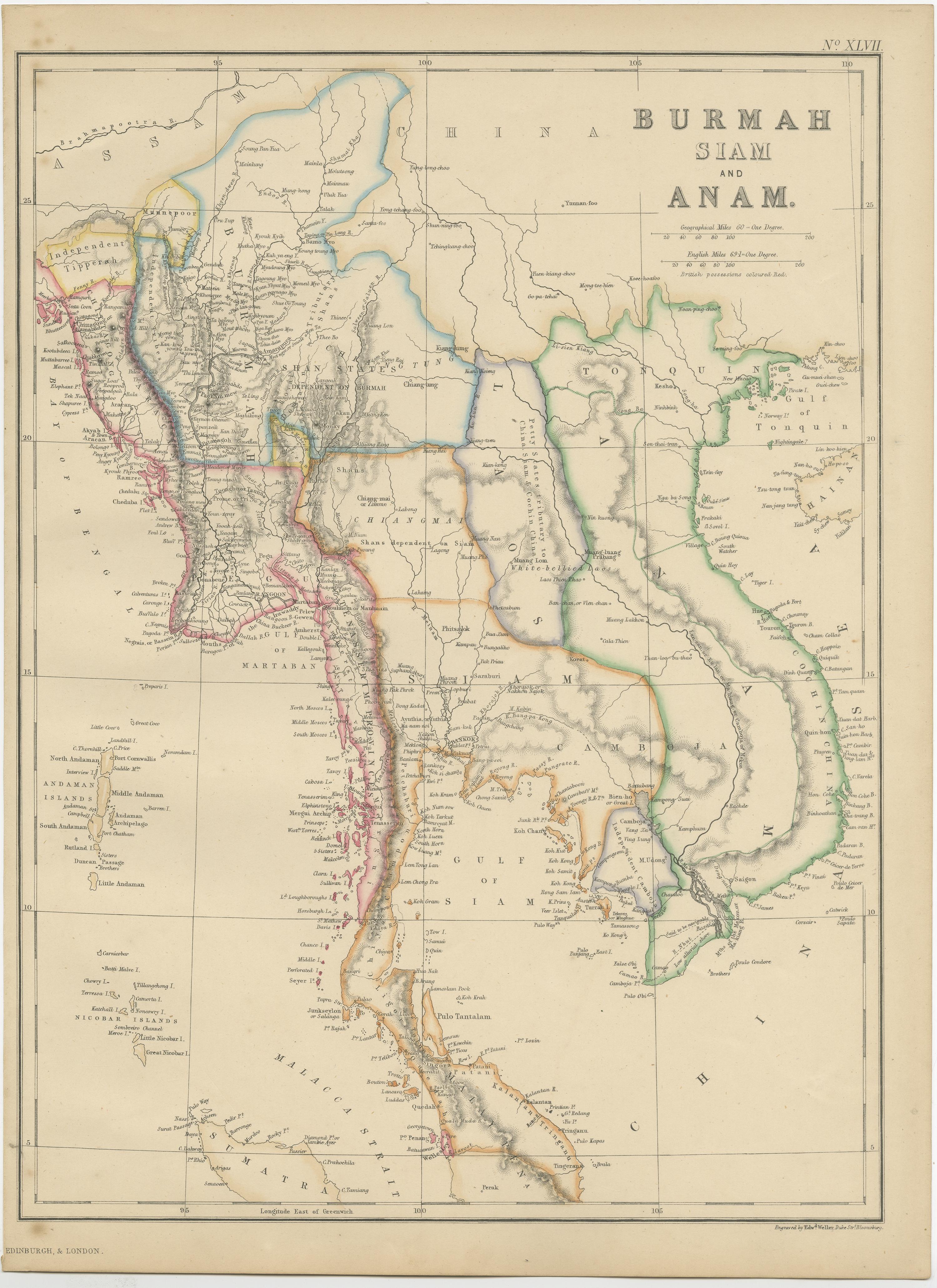 Antique map titled 'Burmah, Siam and Anam'. Original antique map of Myanmar (Burma), Thailand (Siam) and Annam (Anam). This map originates from ‘The Imperial Atlas of Modern Geography’. Published by W. G. Blackie, 1859.