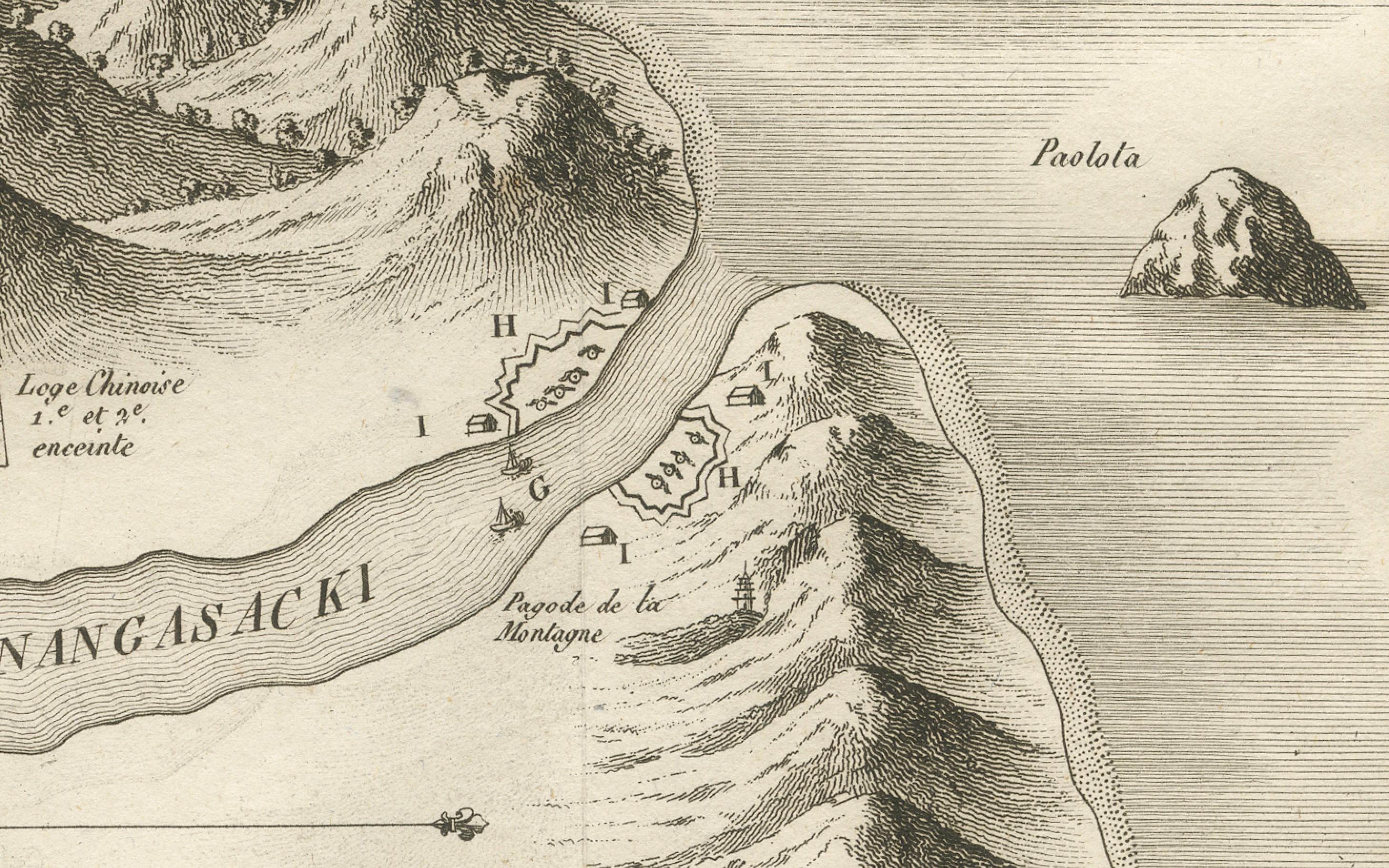 Antike Karte von Nagasaki - Nangasacki, von den Chinesen Tchangki genannt, um 1790 (18. Jahrhundert) im Angebot