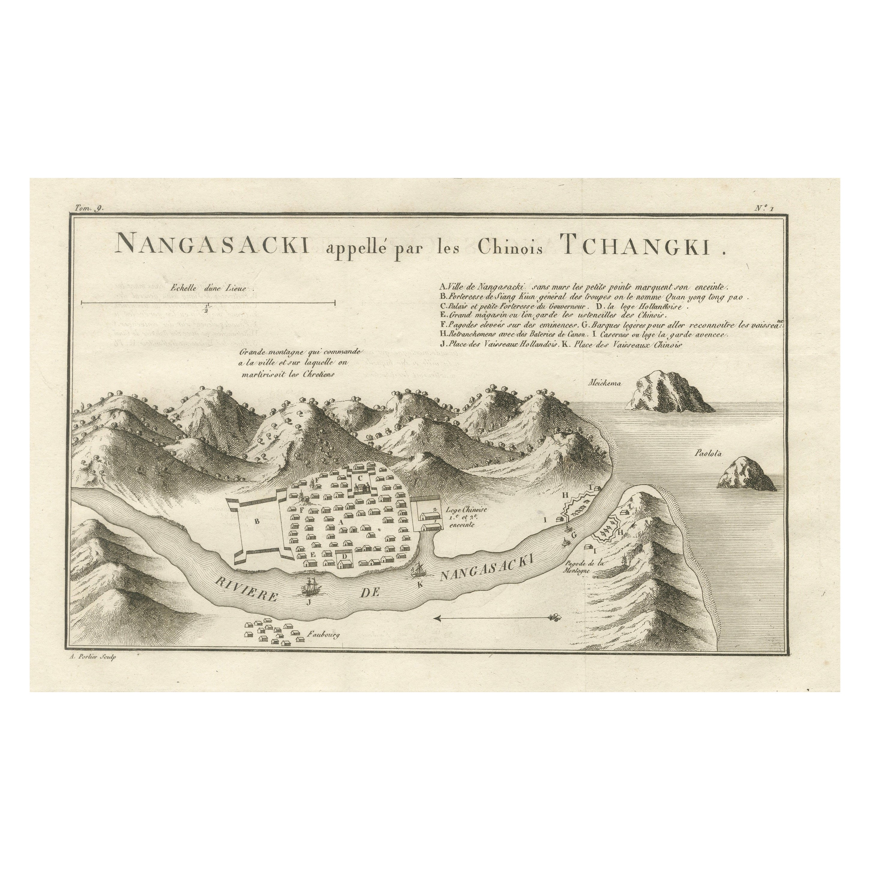 Antike Karte von Nagasaki - Nangasacki, von den Chinesen Tchangki genannt, um 1790 im Angebot