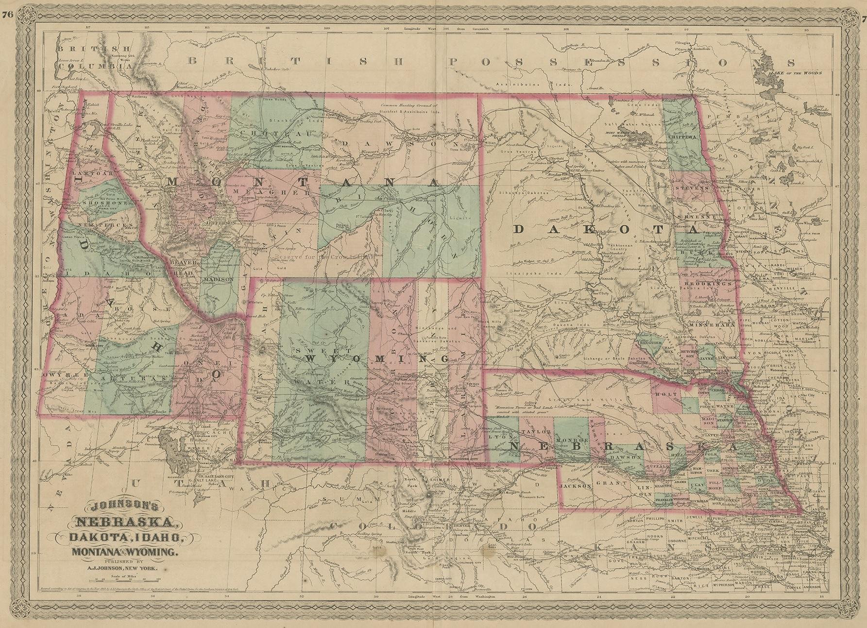 Antique map titled 'Johnson's Nebraska (..)'. Original map of Nebraska, Dakota, Idaho, Montana and Wyoming. This map originates from 'Johnson's New Illustrated Family Atlas of the World' by A.J. Johnson. Published 1872.