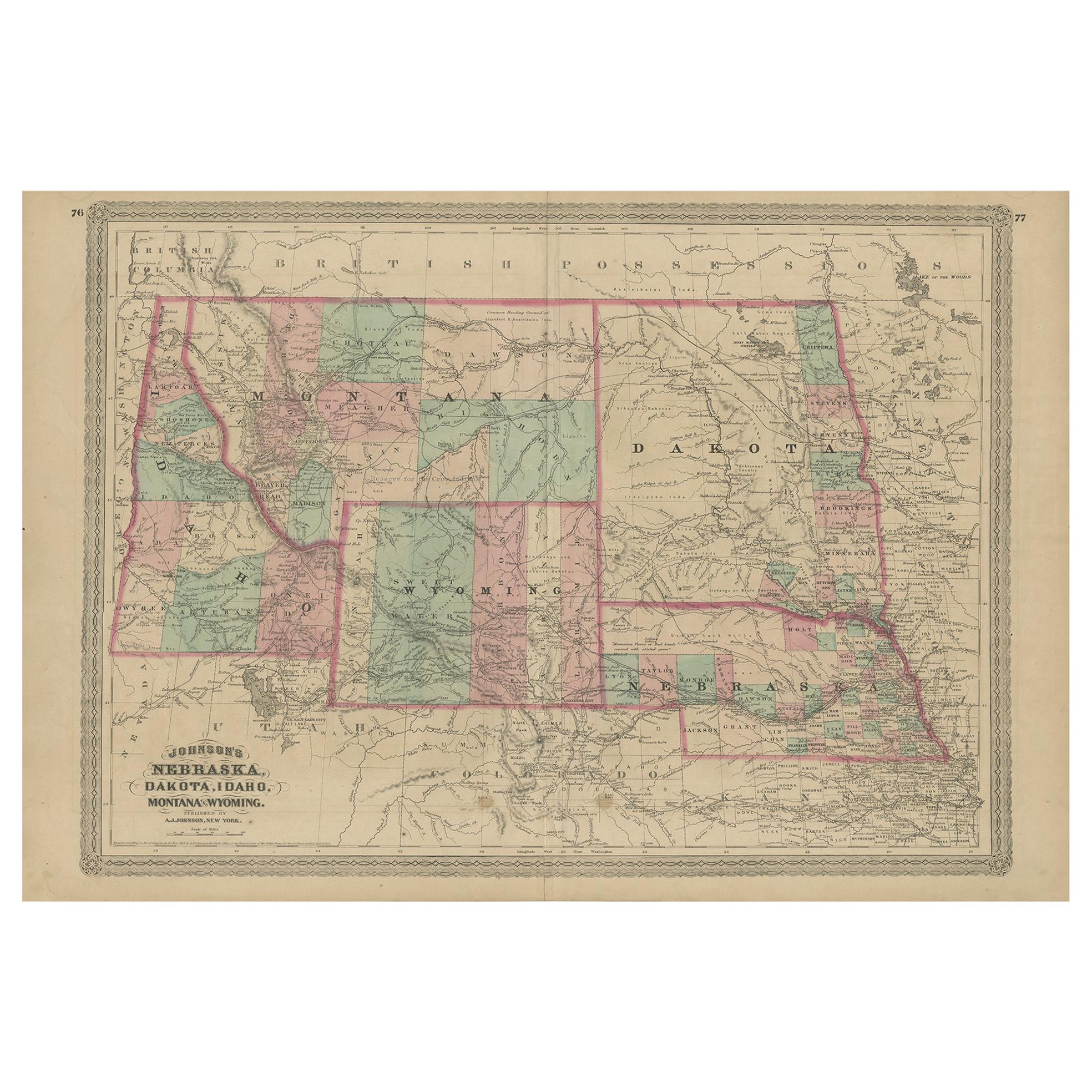 Antique Map of Nebraska, Dakota, Idaho, Montana and Wyoming by Johnson '1872'
