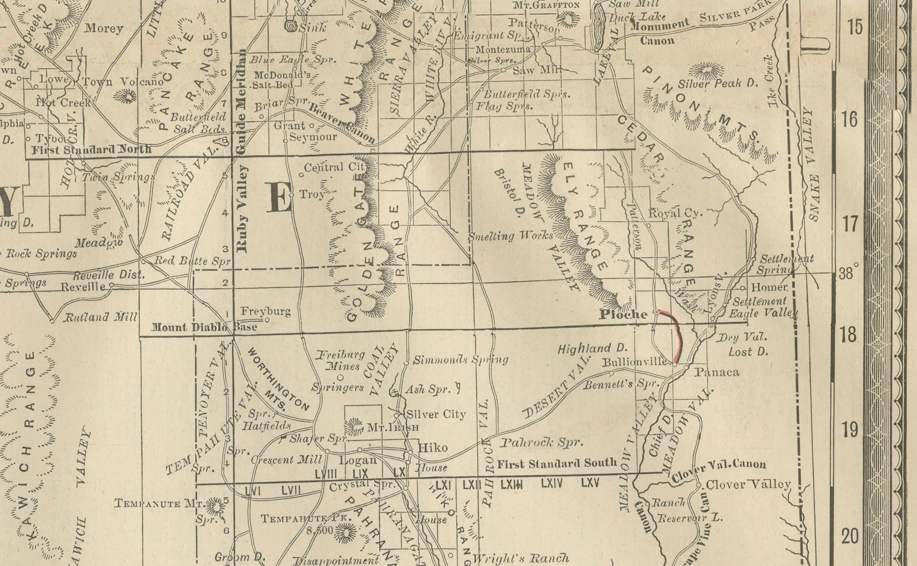 Mappa antica del Nevada - Ferrovie, campi minerari e contee, 1888

Questa antica mappa incisa raffigura lo stato del Nevada nel 1888, incisa e pubblicata da Rand, McNally & Co. di Chicago per il loro Improved Indexed Business Atlas and Shippers