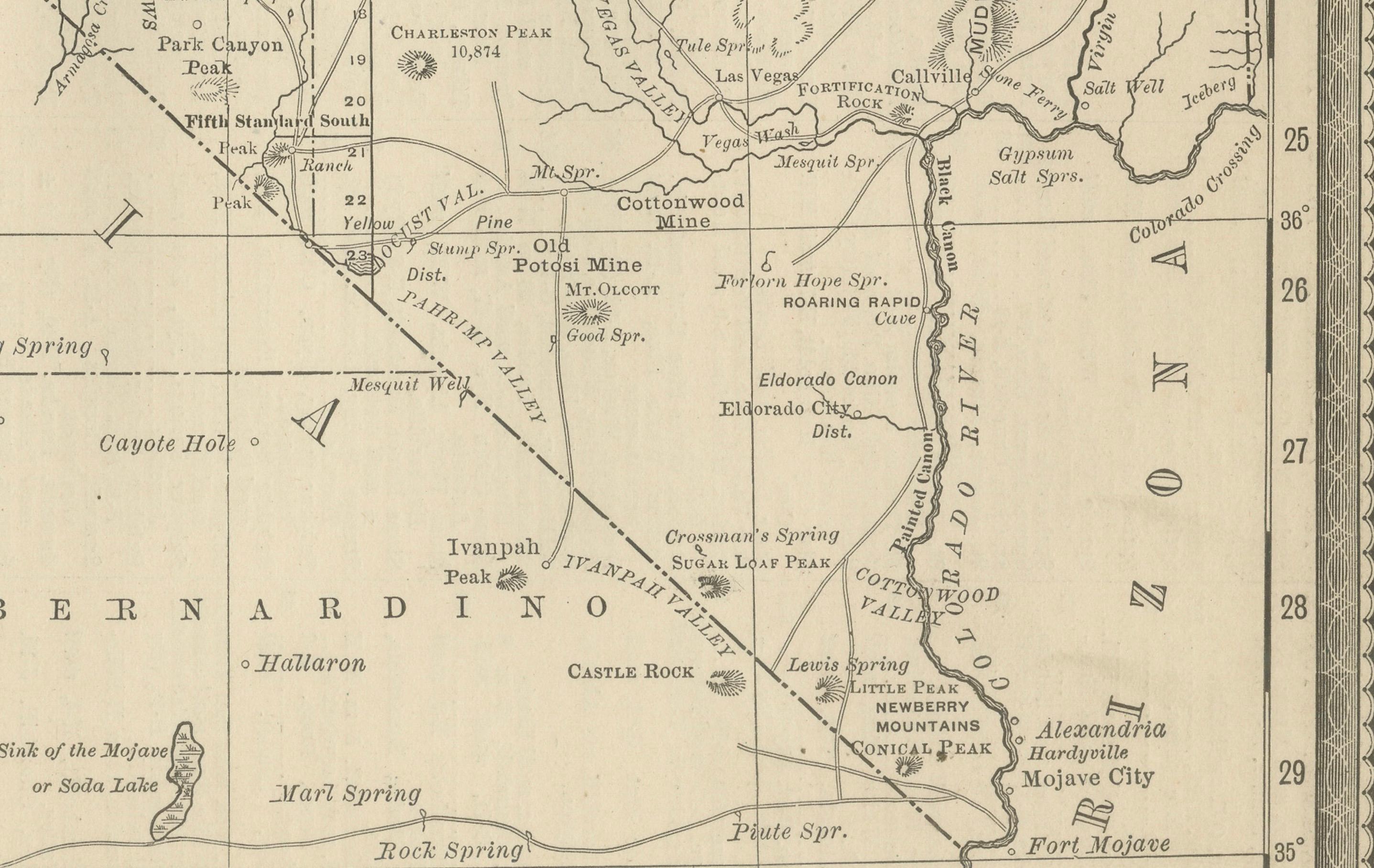 Inciso Mappa antica del Nevada - Ferrovie, campi minerari e contee, 1888 in vendita
