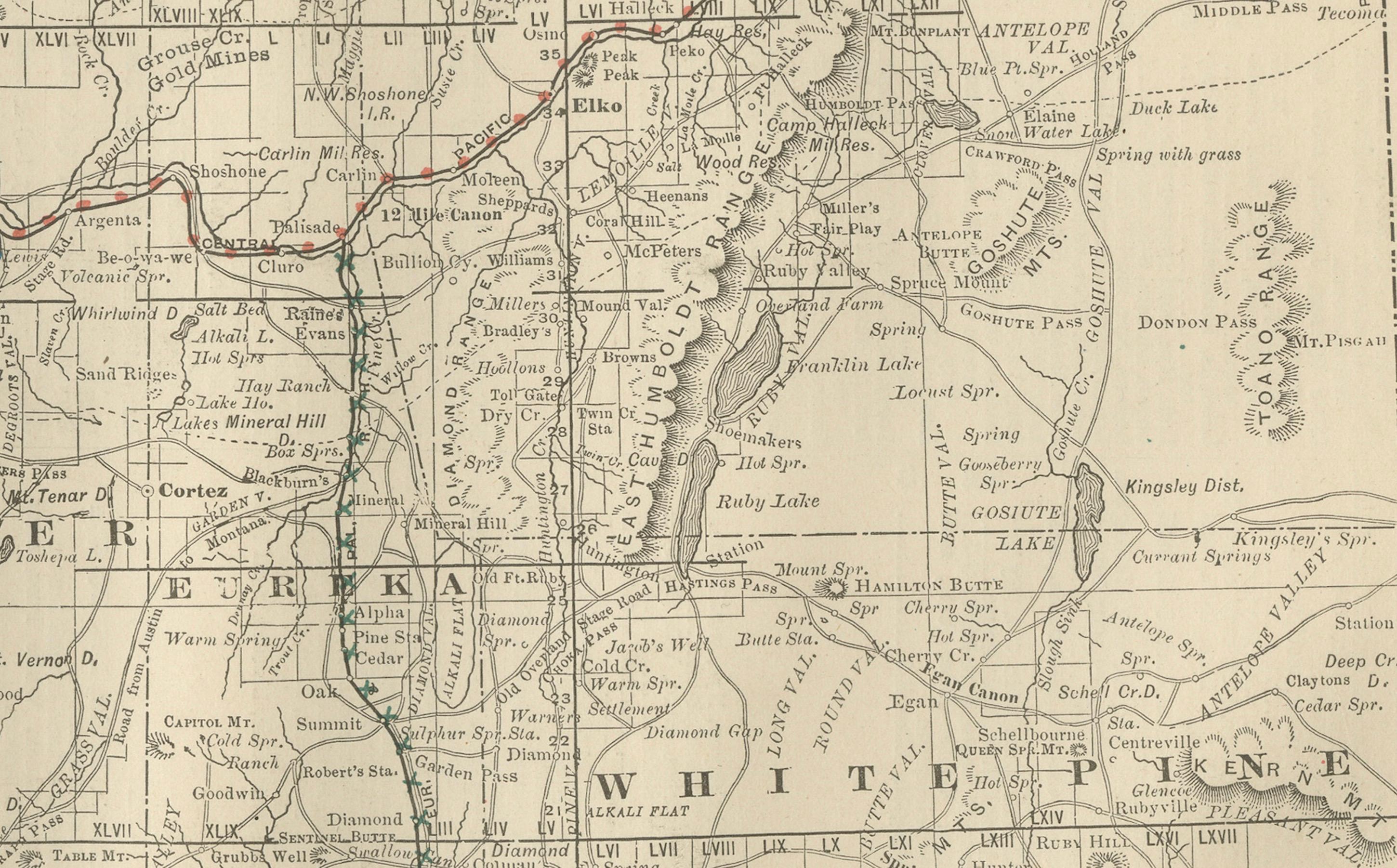 Mappa antica del Nevada - Ferrovie, campi minerari e contee, 1888 In condizioni buone in vendita a Langweer, NL