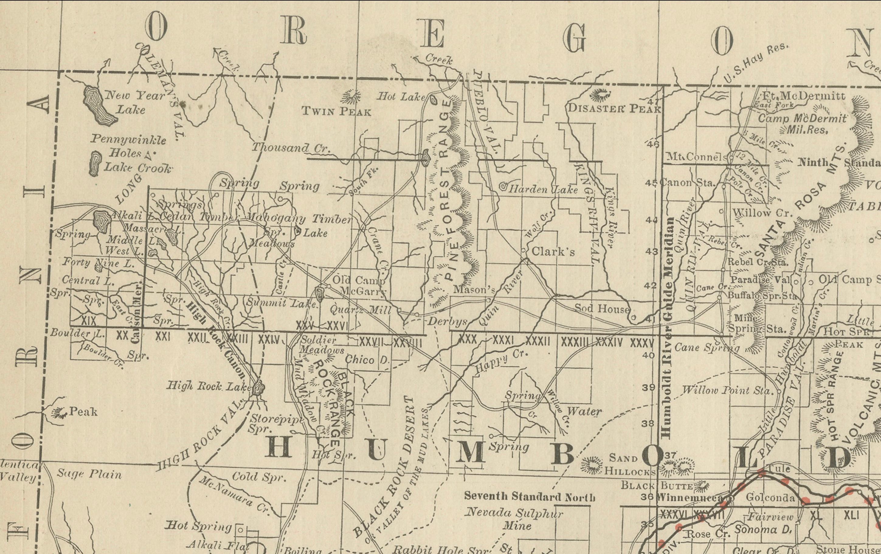 Carta Mappa antica del Nevada - Ferrovie, campi minerari e contee, 1888 in vendita