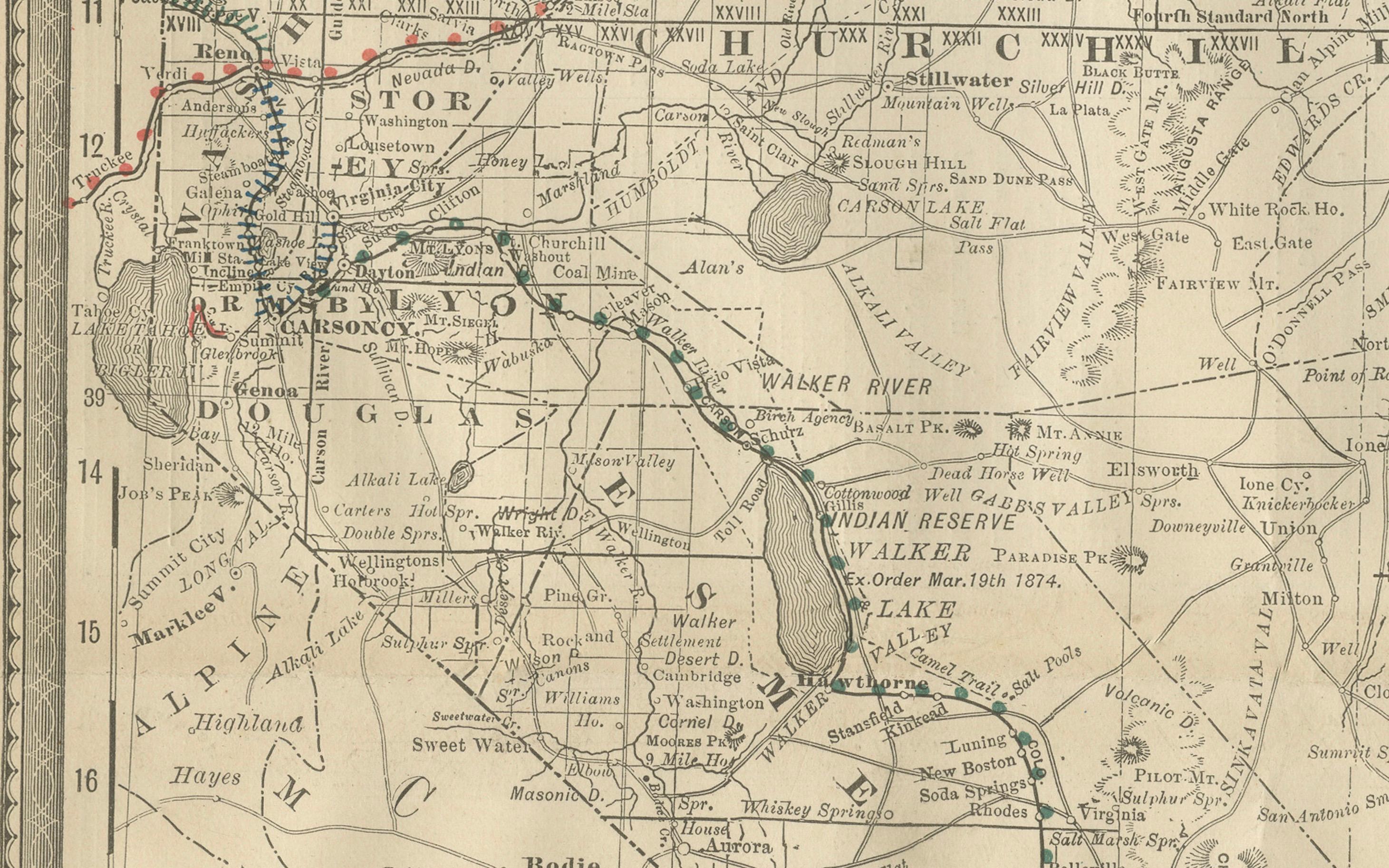 Mappa antica del Nevada - Ferrovie, campi minerari e contee, 1888 in vendita 1