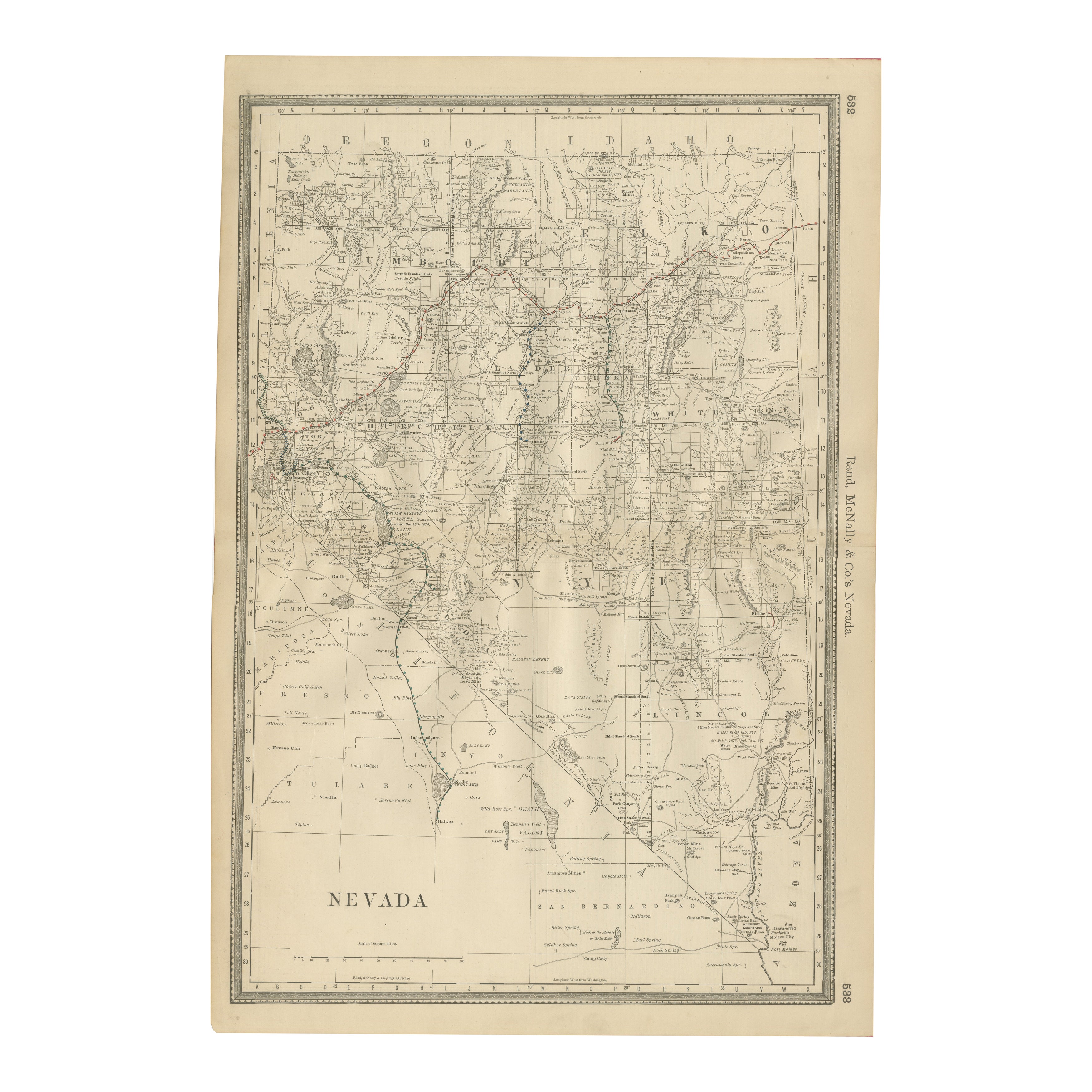 Mappa antica del Nevada - Ferrovie, campi minerari e contee, 1888 in vendita