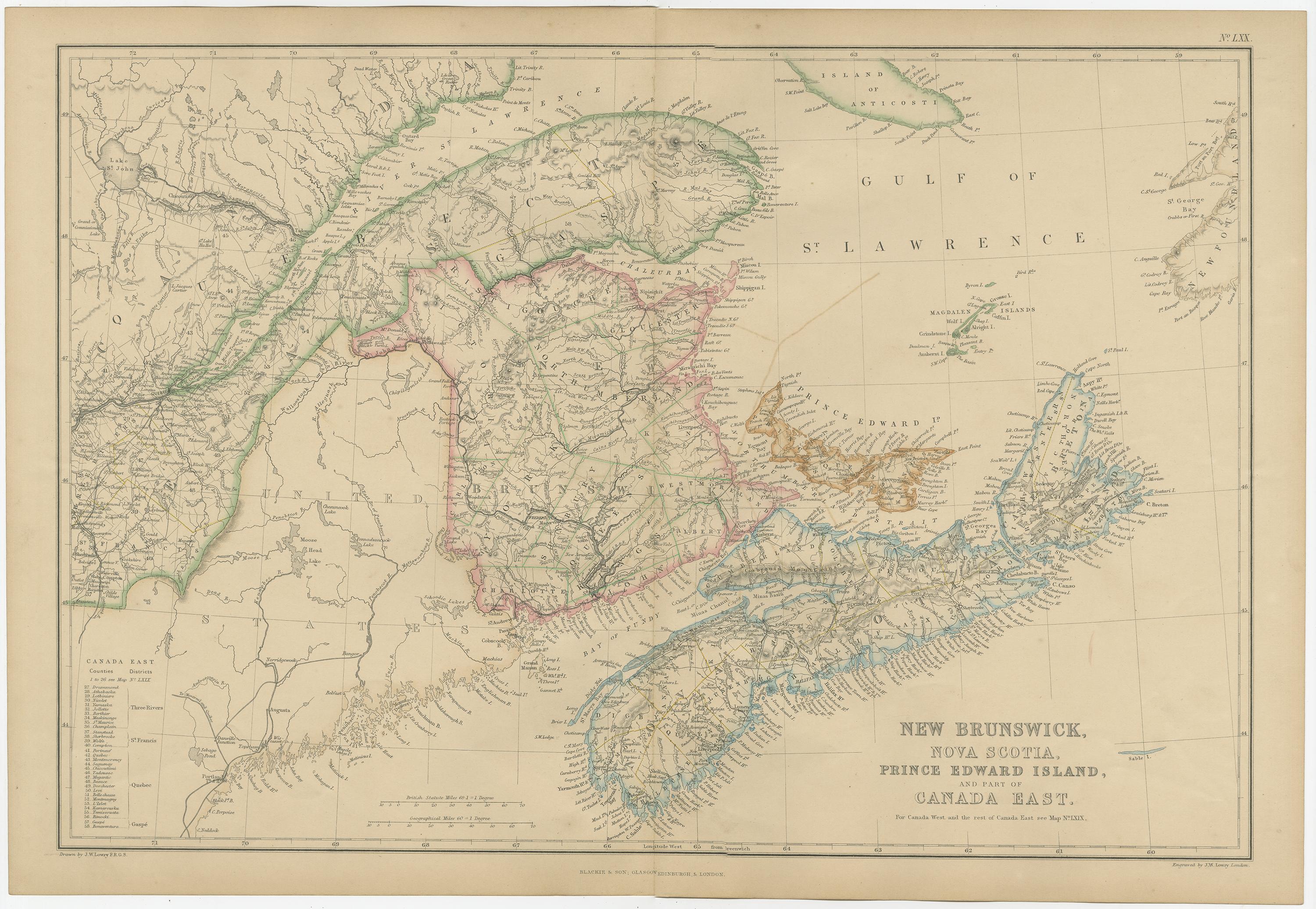 Antique map titled 'New Brunswick, Nova Scotia, Prince Edward Island and Part of Canada east'. Original antique map of New Brunswick, Nova Scotia, Prince Edward Island and Part of Canada east. This map originates from ‘The Imperial Atlas of Modern