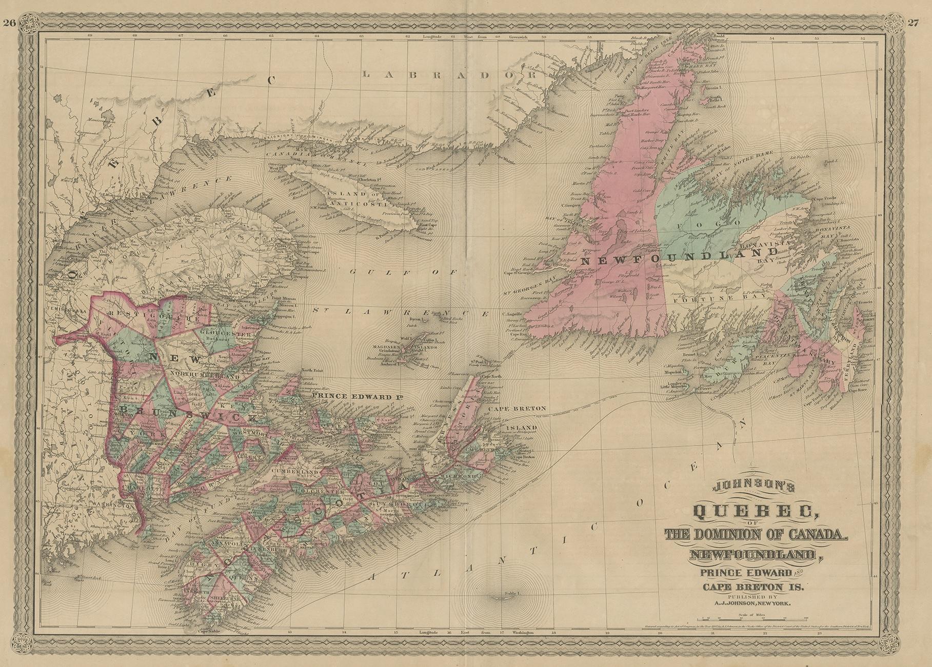 Antique map titled 'Johnson's Quebec, of the dominion of Canada (..)'. Original map of New Brunswick, Nova Scotia, Newfoundland and Prince Edward Island. This map originates from 'Johnson's New Illustrated Family Atlas of the World' by A.J. Johnson.