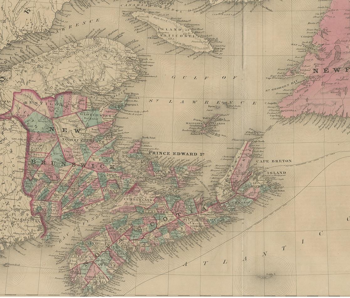 Carte ancienne du Nouveau-Brunswick, de la Nova Scotia et de son entourage par Johnson, 1872 État moyen - En vente à Langweer, NL