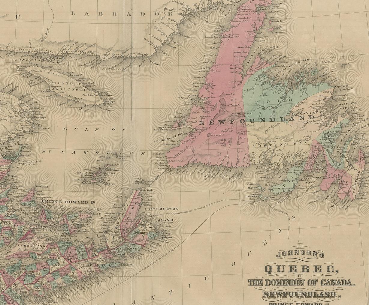 XIXe siècle Carte ancienne du Nouveau-Brunswick, de la Nova Scotia et de son entourage par Johnson, 1872 en vente