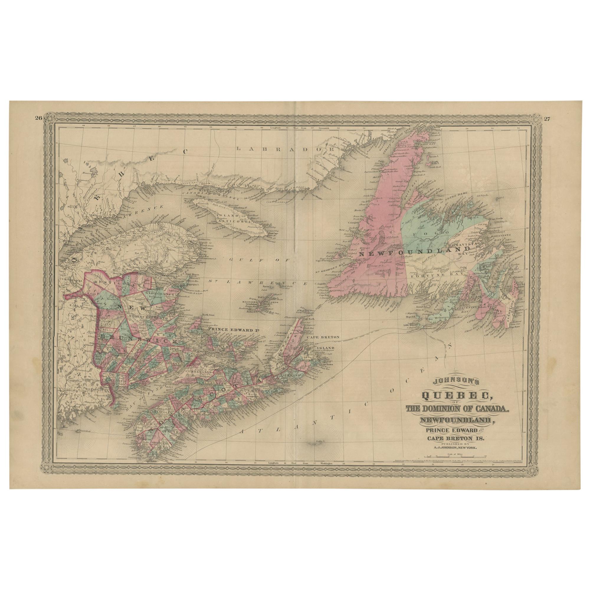 Carte ancienne du Nouveau-Brunswick, de la Nova Scotia et de son entourage par Johnson, 1872 en vente