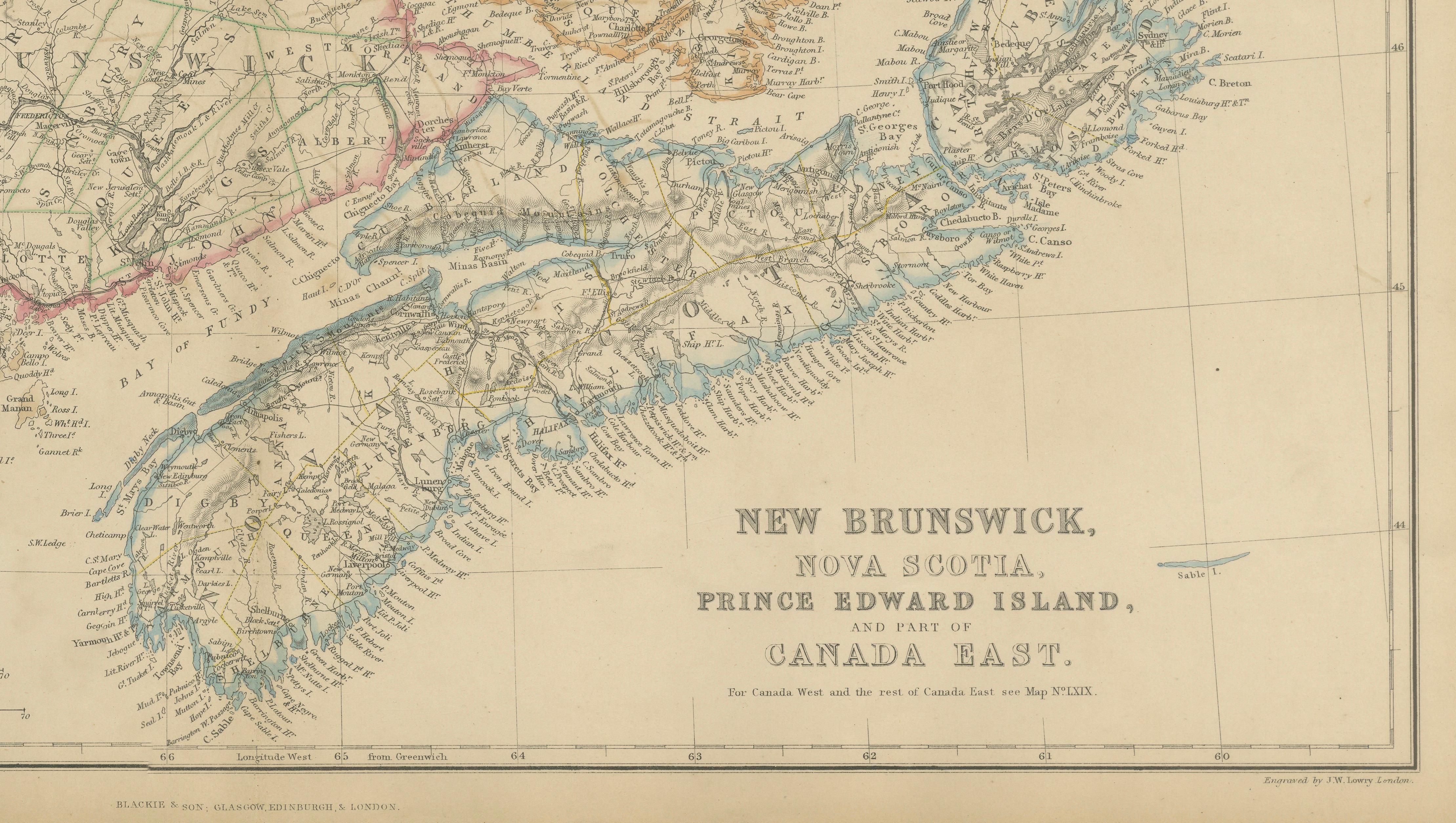 Antique Map of New Brunswick, Nova Scotia, Prince Edward Island and Canada East