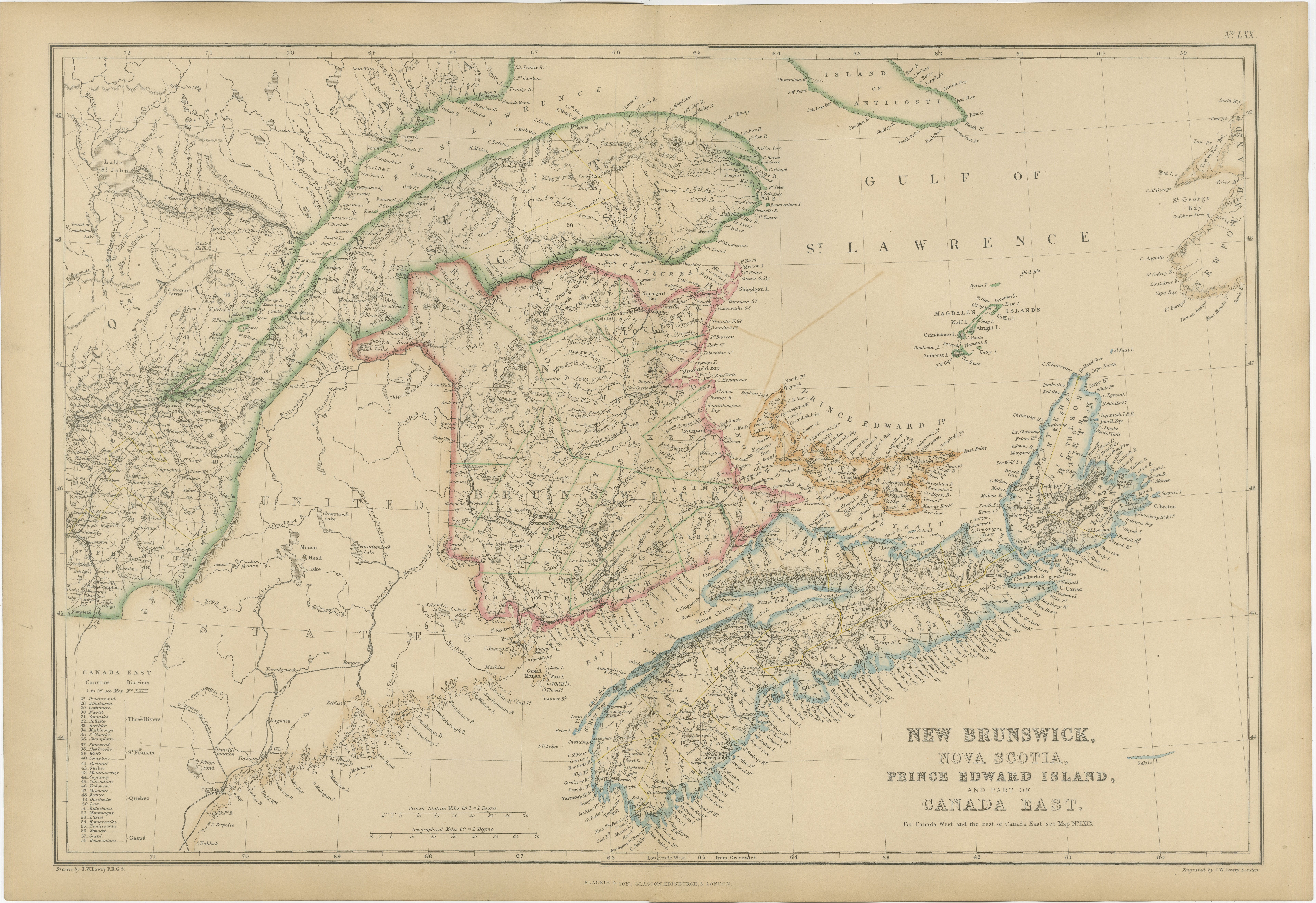 Antique Map of New Brunswick, Nova Scotia, Prince Edward Island and Canada East