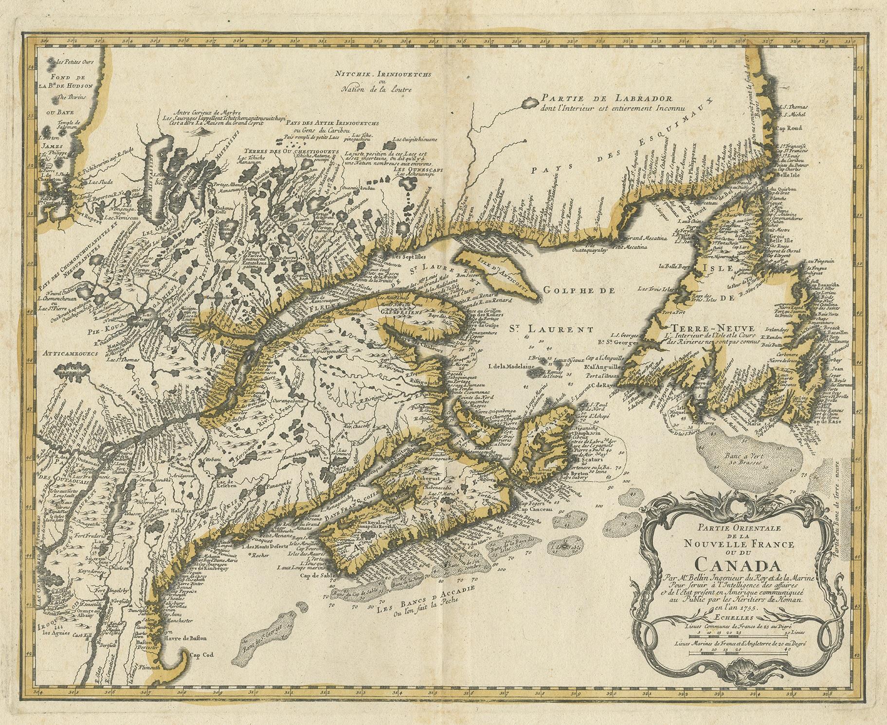 Antique map titled 'Partie Orientale de la Nouvelle France ou du Canada (..)'. Original antique map of New England and Eastern Canada made after J.N. Bellin. The map extends from Lake Ontario, the St. Lawrence River and Cape Cod in the South to