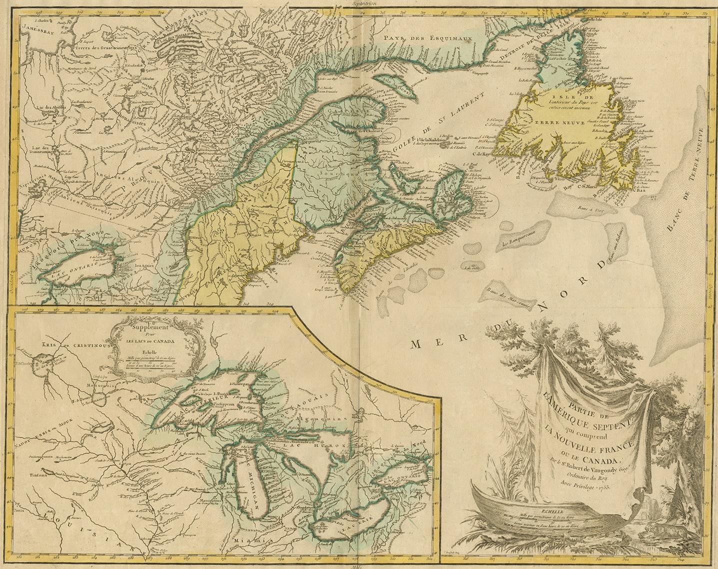 Antique map titled 'Partie de l'Amérique septent qui comprend la nouvelle France ou le Canada'. Decorative and highly detailed map of New England and part of Canada, extending east to Newfoundland, with a large inset map of the Great Lakes. The map