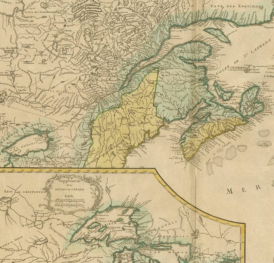 Antique Map of New England and Part of Canada by Vaugondy 'circa 1755'
