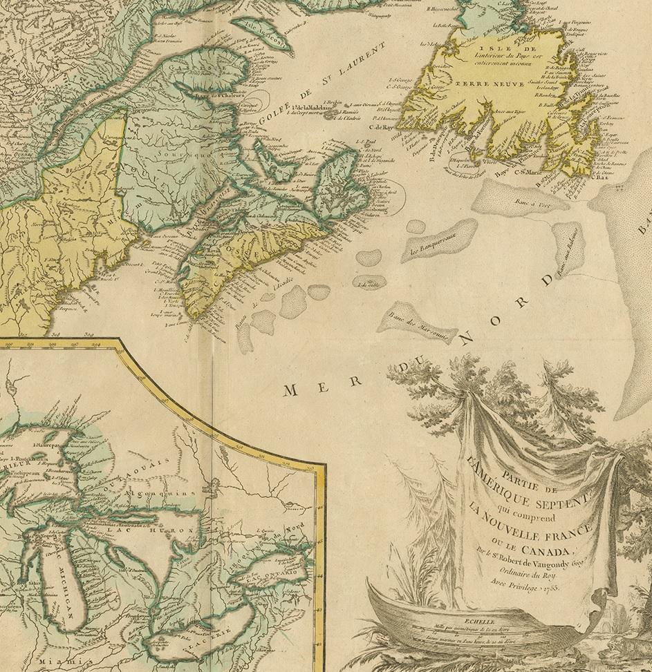 Antike Karte von Neuengland und Teil Kanadas von Vaugondy, um 1755 im Zustand „Gut“ im Angebot in Langweer, NL