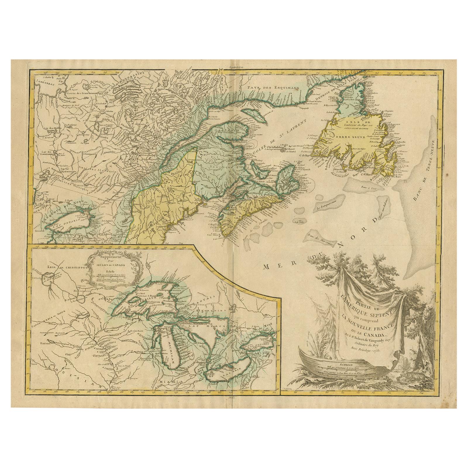 Carte ancienne de la Nouvelle-Angleterre et d'une partie du Canada par Vaugondy, vers 1755