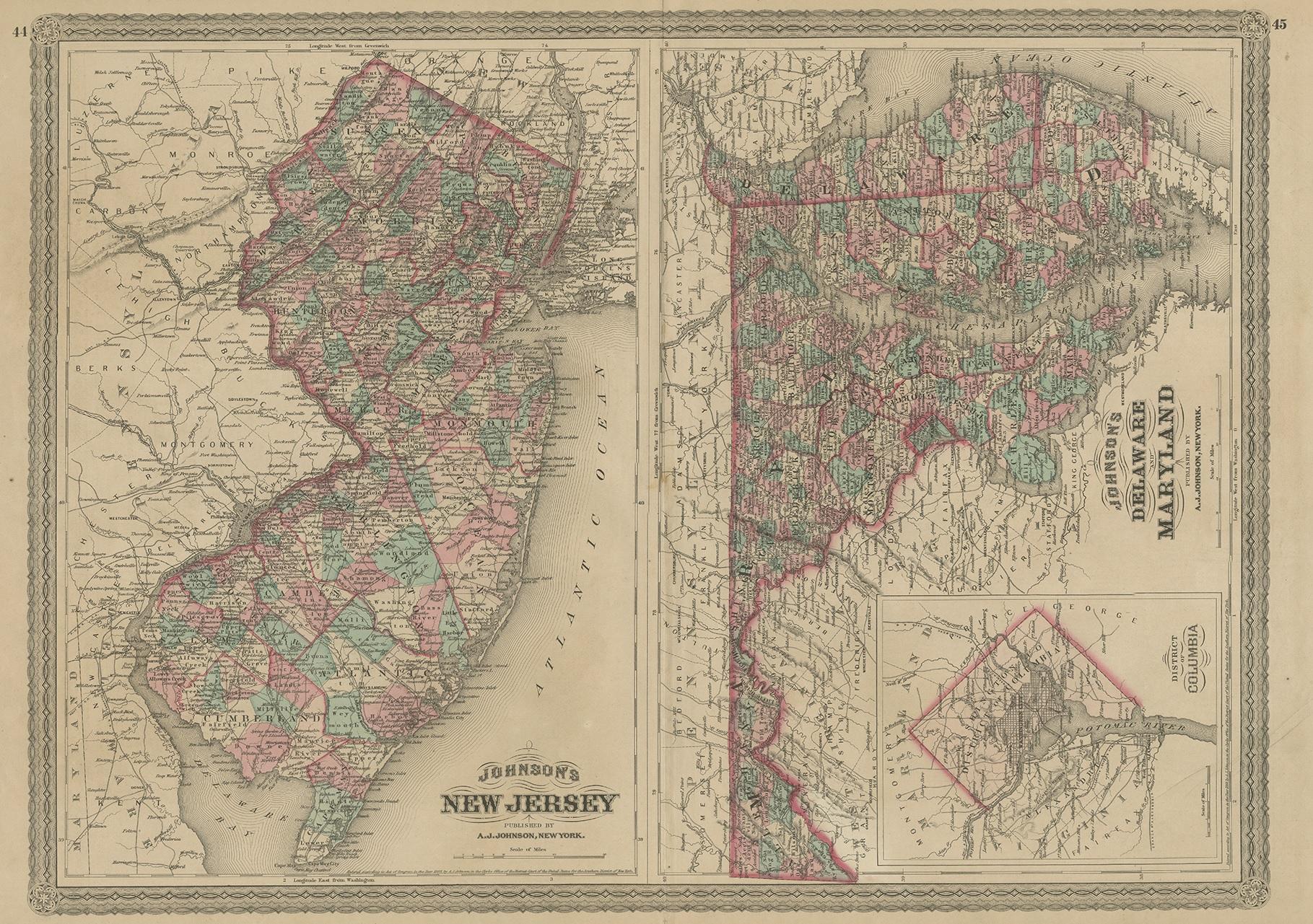 Antique map titled 'Johnson's New Jersey (..). Two maps on one sheet showing New Jersey, Delaware and Maryland. With inset map of the district of Columbia. This map originates from 'Johnson's New Illustrated Family Atlas of the World' by A.J.