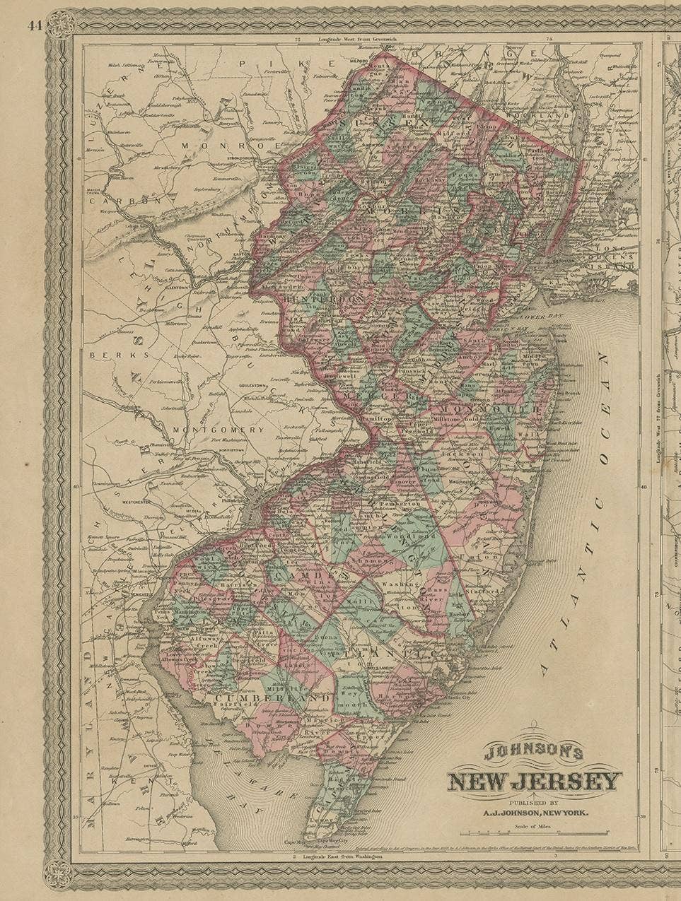 Antique Map of New Jersey, Delaware and Maryland by Johnson, 1872
