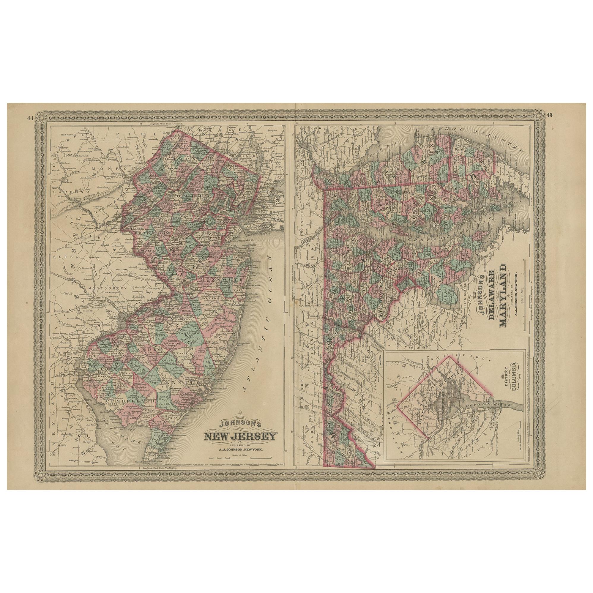 Antique Map of New Jersey, Delaware and Maryland by Johnson, 1872 For Sale