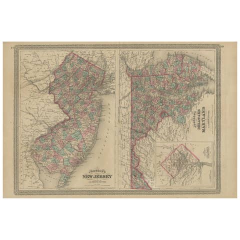 Antique Map of New Jersey, Delaware and Maryland by Johnson, 1872
