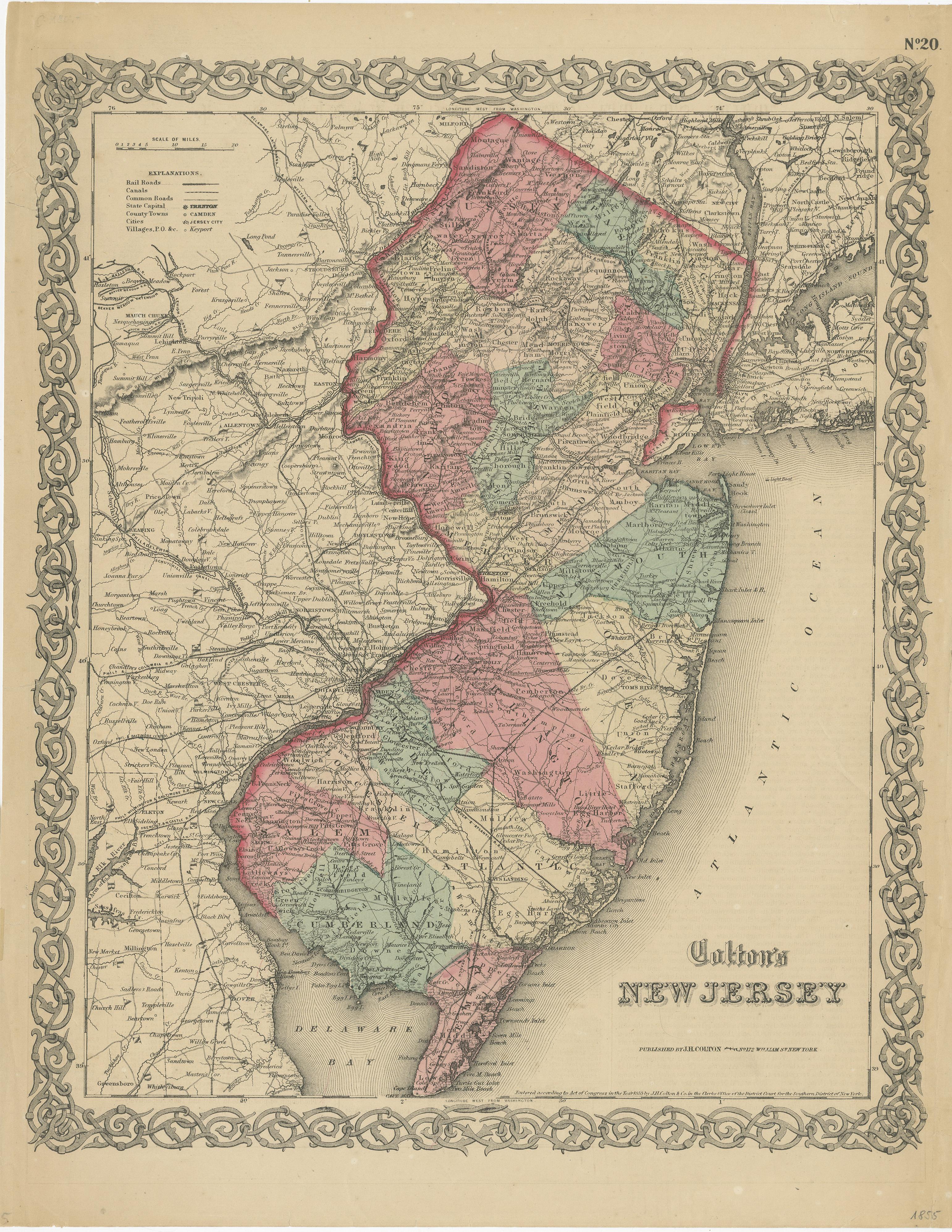 Antique map titled 'Colton's New Jersey'. This rare hand colored map of New Jersey is a copper plate engraving dating to 1855. Produced by the important mid 19th century American map publisher J. H. Colton. Covers the region in considerable detail,
