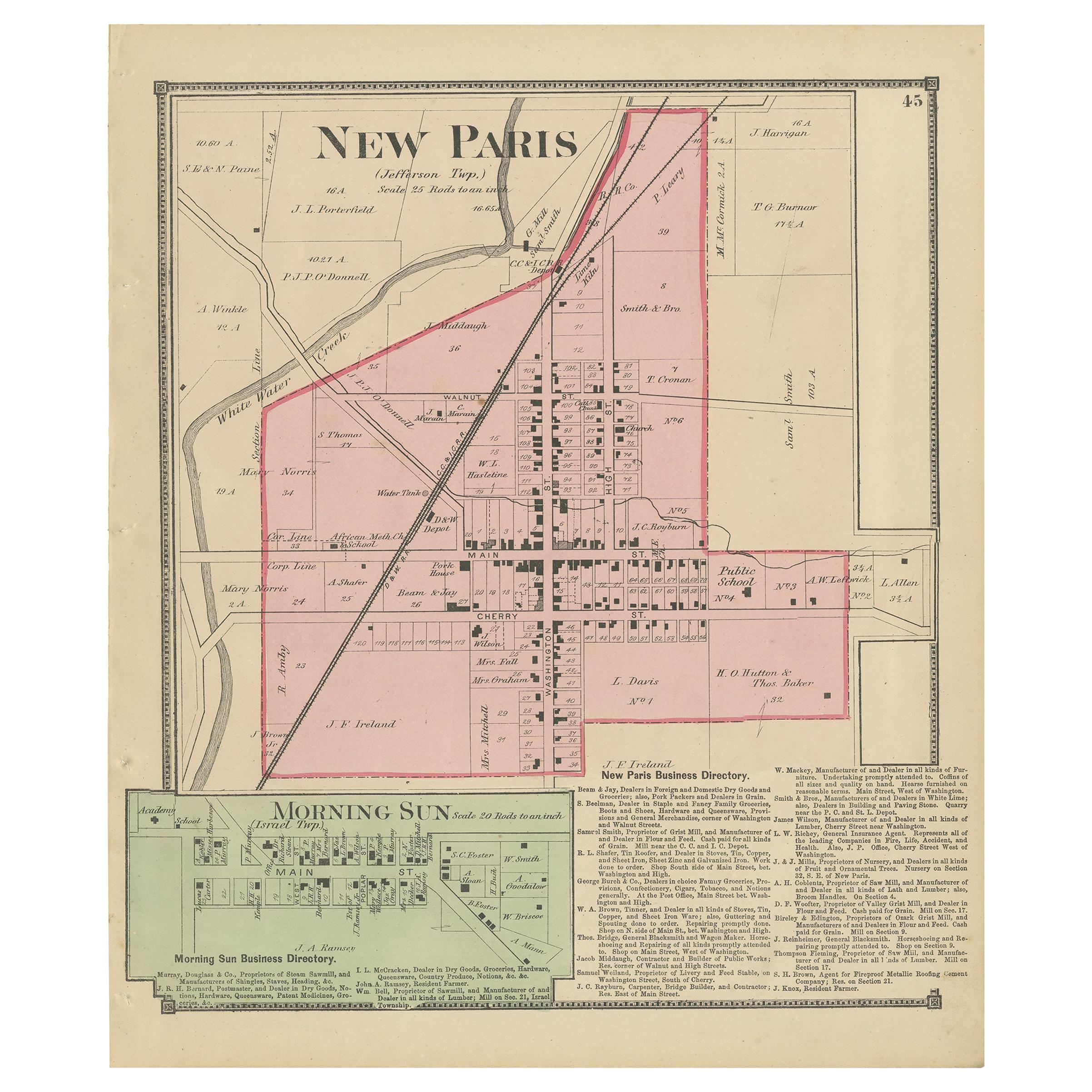 Antique map titled 'New Paris, Morning Sun'. Original antique map of villages and communities of Ohio. This map originates from 'Atlas of Preble County Ohio' by C.O. Titus. Published 1871.