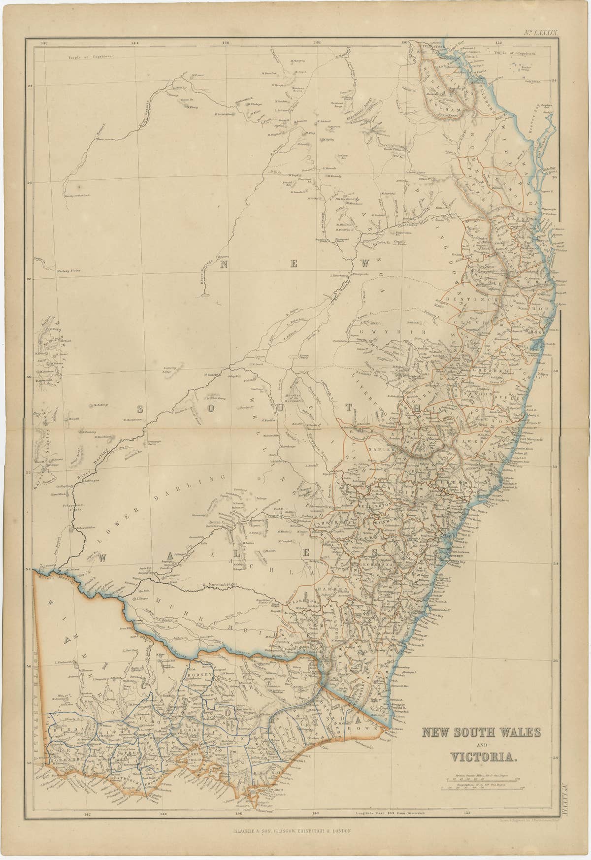 Antique Map of New South Wales and Victoria by W. G. Blackie, 1859