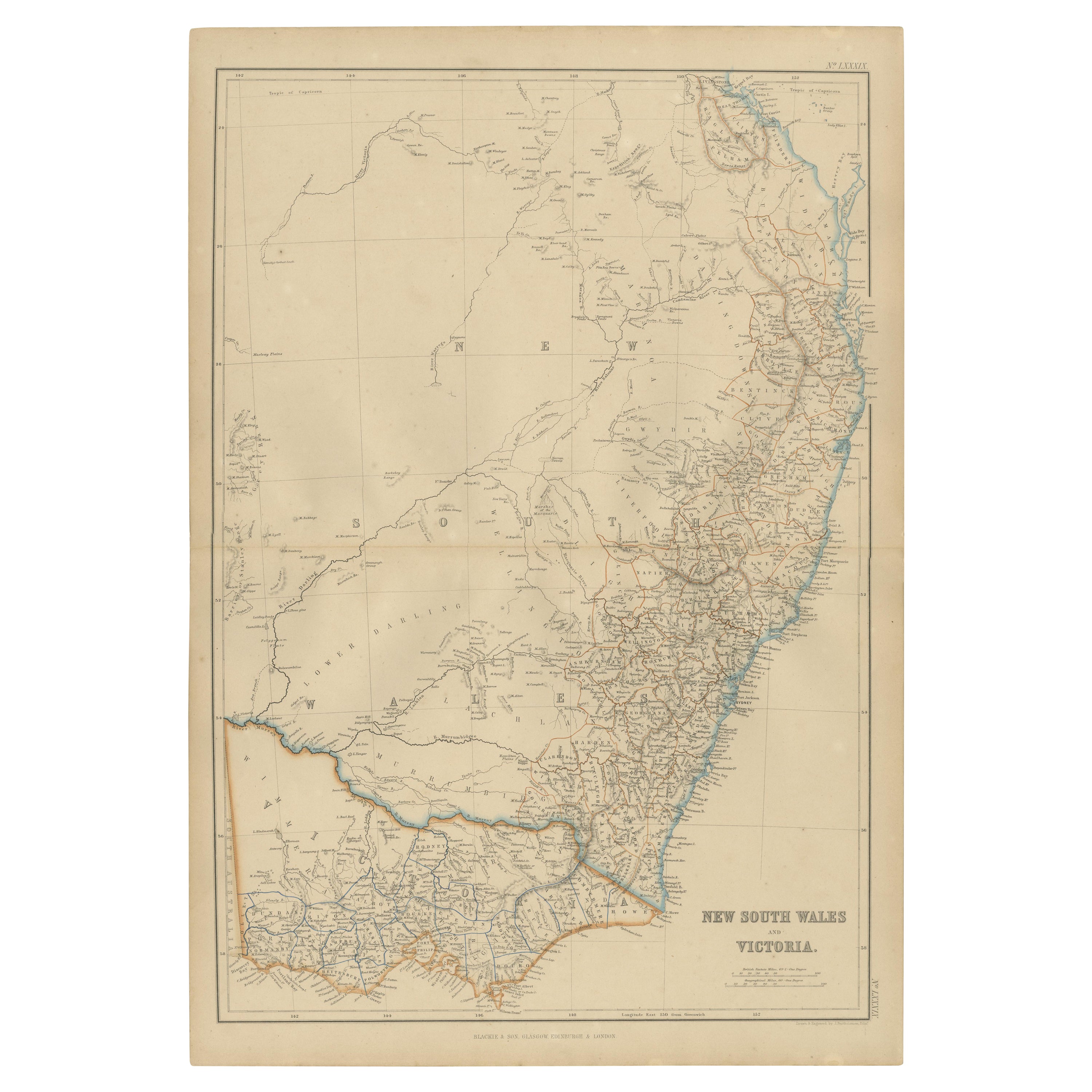 Carte ancienne du Nouveau-Galles du Sud et de l'Empire victorien par W. G. Blackie, 1859