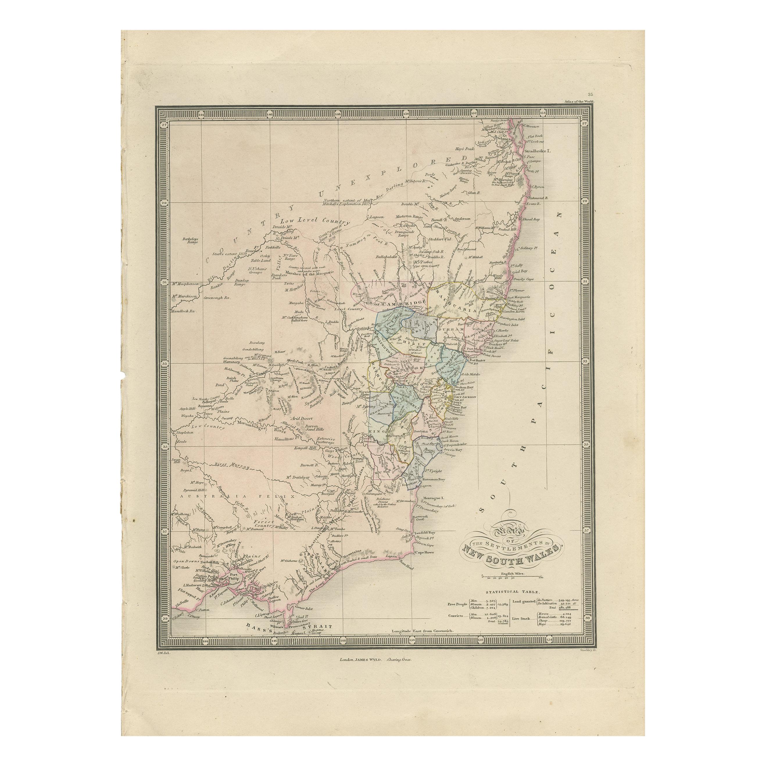 Antike Karte von New South Wales „Australien“ von Wyld '1845