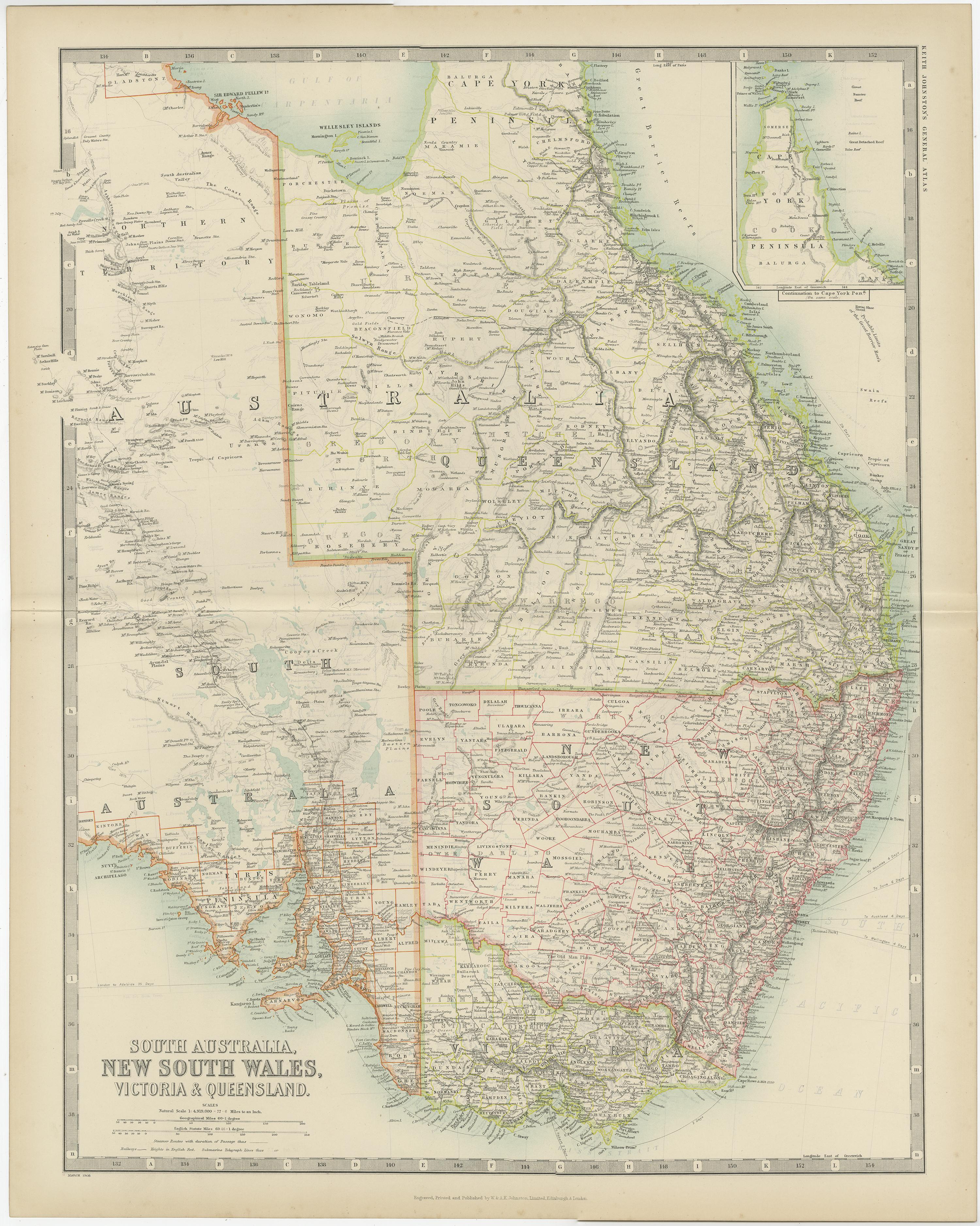 Antique map titled 'South Australia, New South Wales, Victoria and Queensland'. Original antique map of New South Wales. With inset map of Cape York Peninsula. This map originates from the ‘Royal Atlas of Modern Geography’. Published by W. & A.K.