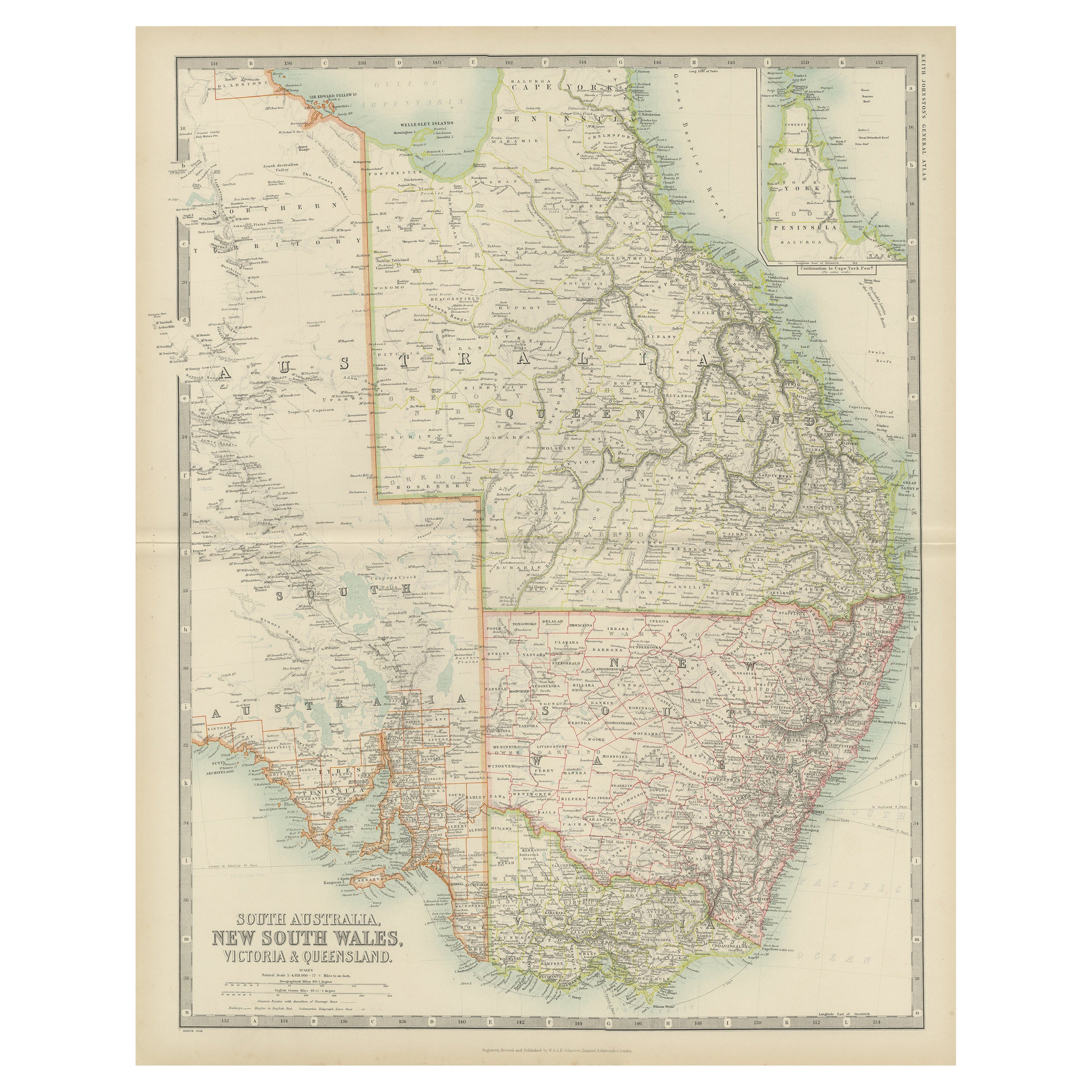Carte ancienne du Nouveau-Galles du Sud par Johnston, "1909"